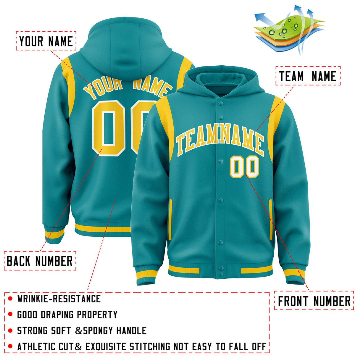 Custom Aqua Gold Varsity Full-Snap Letterman Shoulder Color Block Jacket Hoodie| KXKSHOP