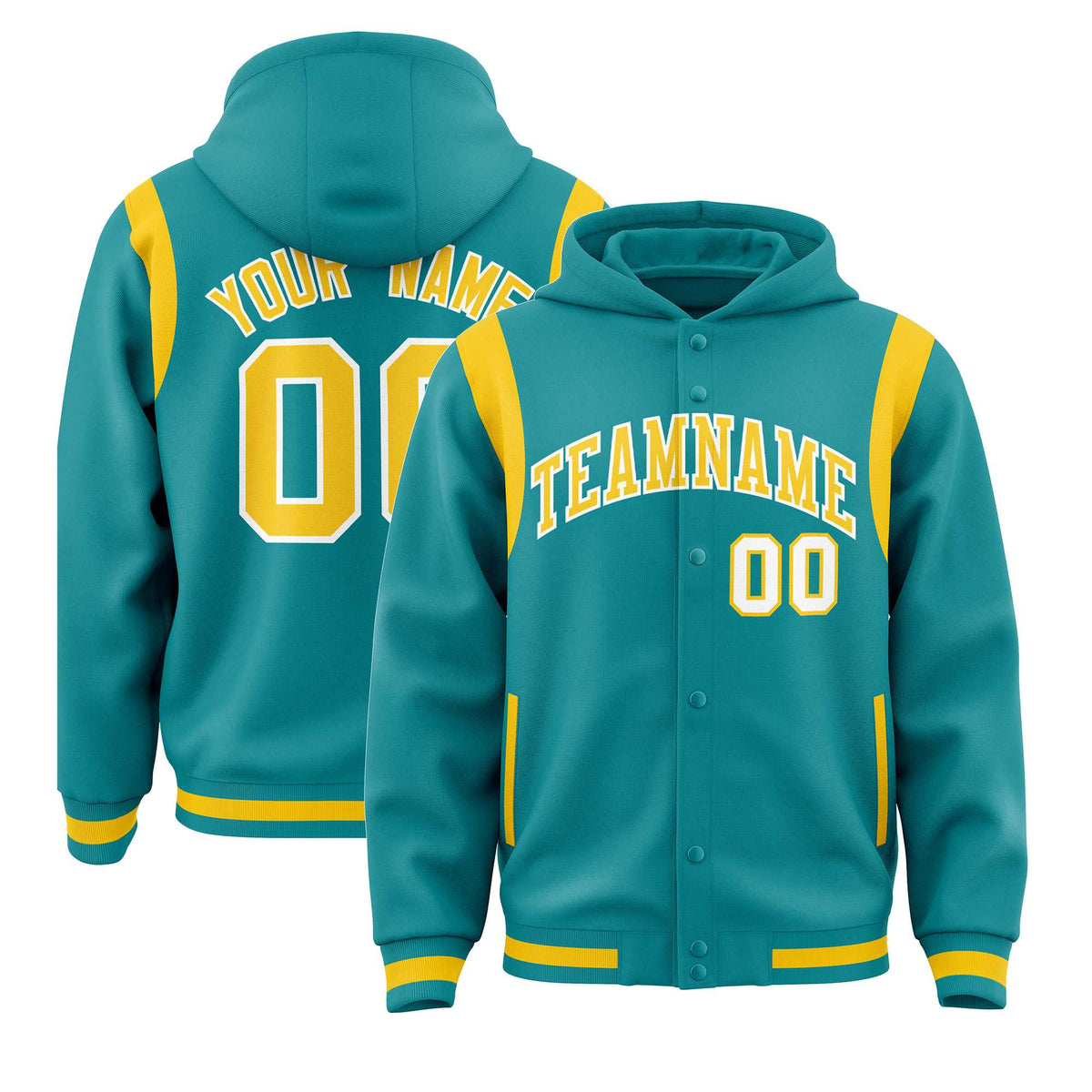 Custom Aqua Gold Varsity Full-Snap Letterman Shoulder Color Block Jacket Hoodie| KXKSHOP