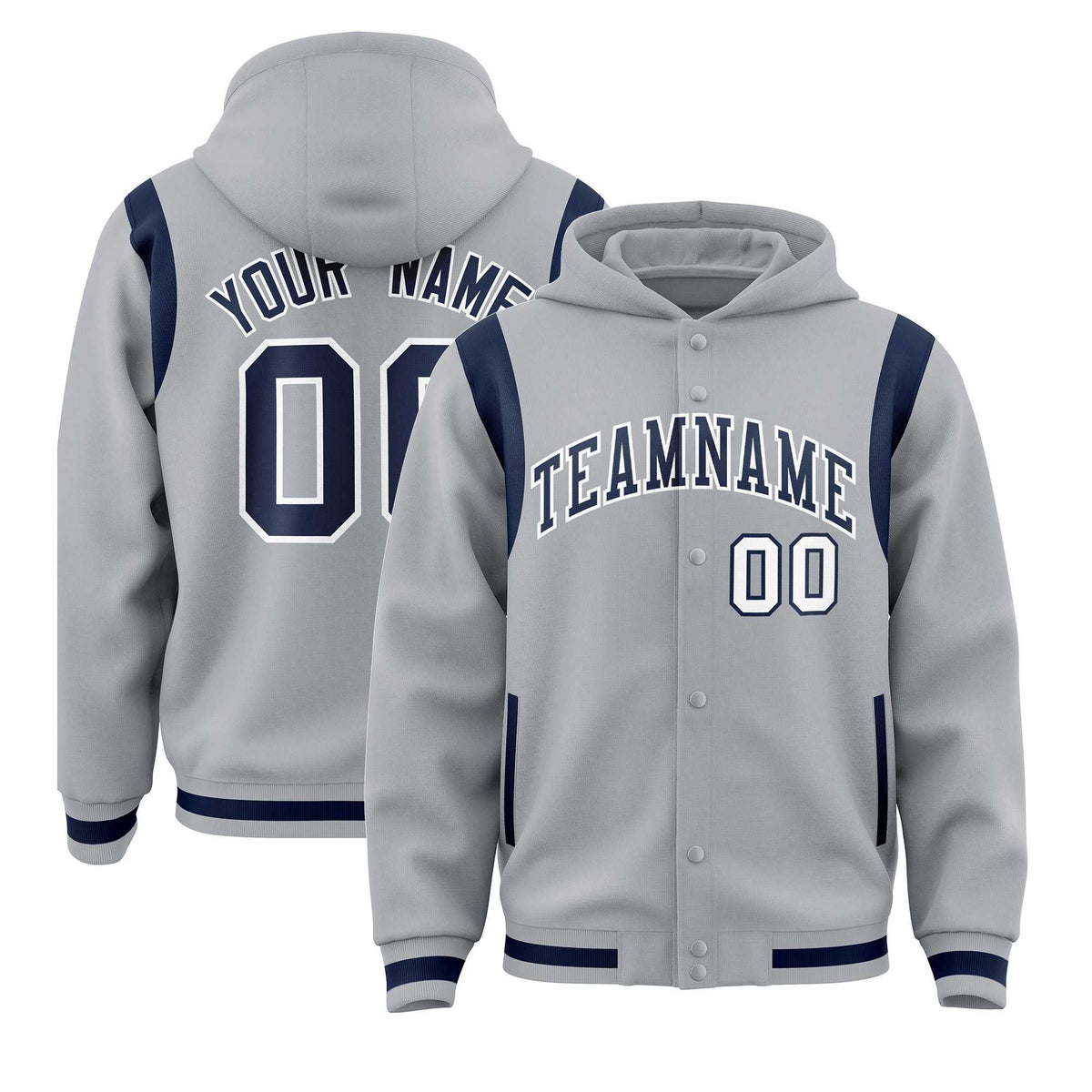 Custom Silver Navy Varsity Full-Snap Letterman Shoulder Color Block Jacket Hoodie| KXKSHOP