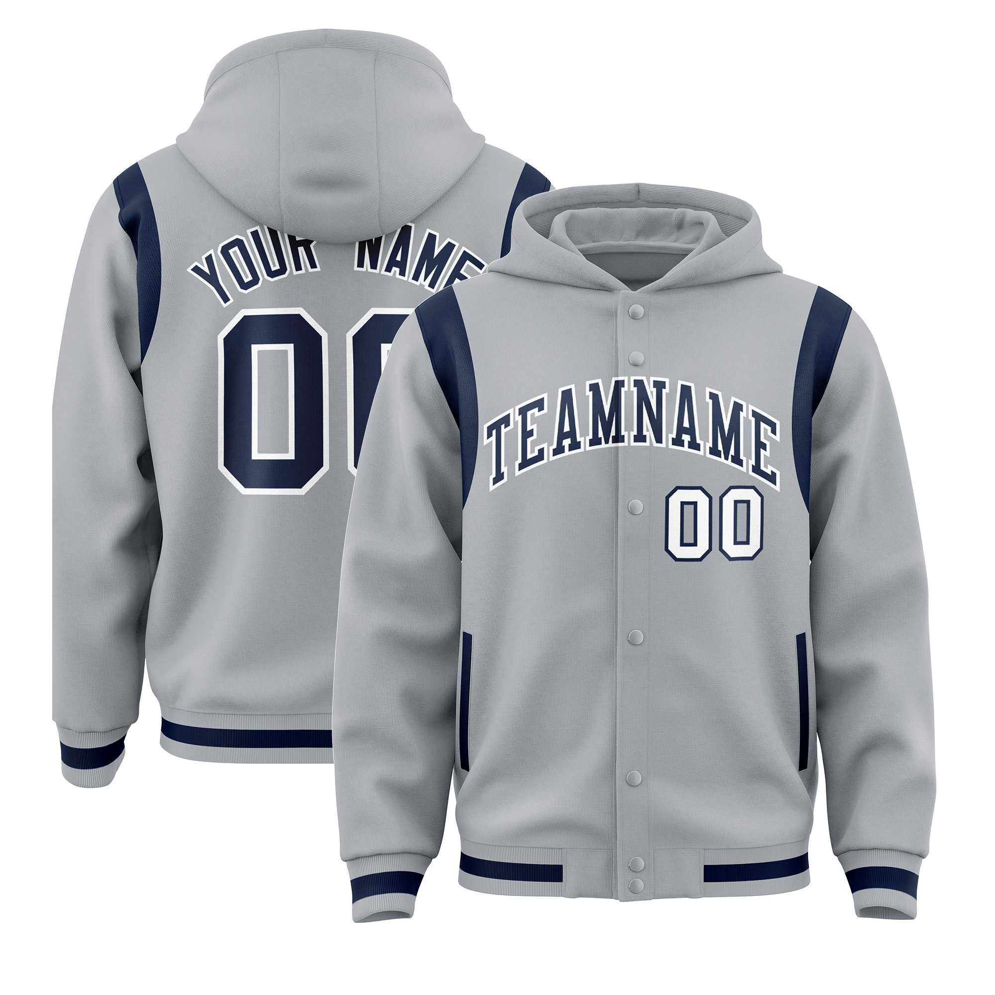 Custom Silver Navy Varsity Full-Snap Letterman Shoulder Color Block Jacket Hoodie| KXKSHOP