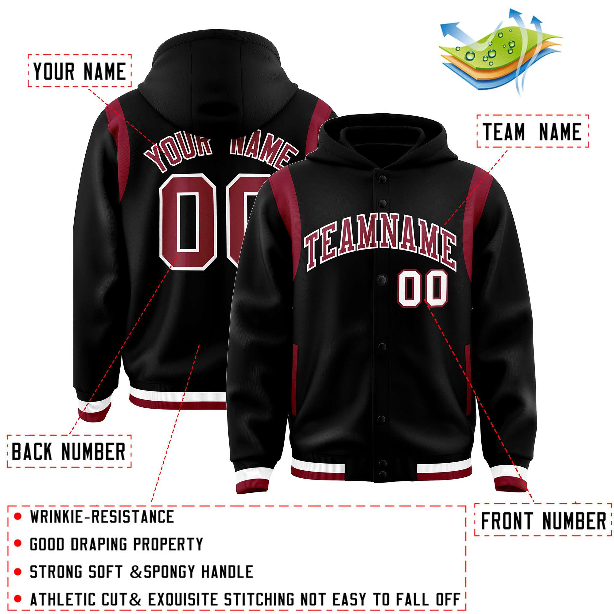 Custom Black Crimson Varsity Full-Snap Letterman Shoulder Color Block Jacket Hoodie| KXKSHOP