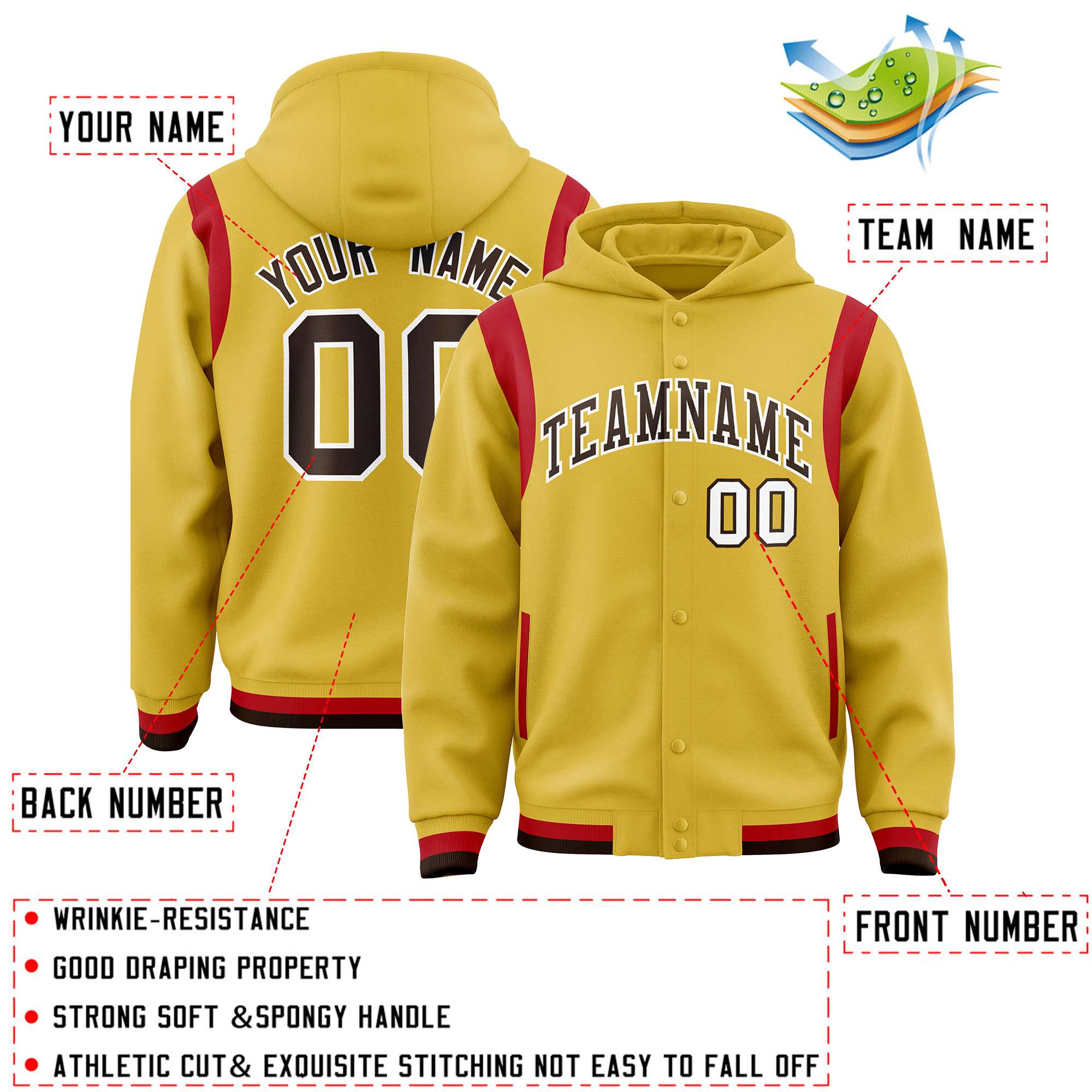 Custom Old Gold Brown Varsity Full-Snap Letterman Shoulder Color Block Jacket Hoodie| KXKSHOP