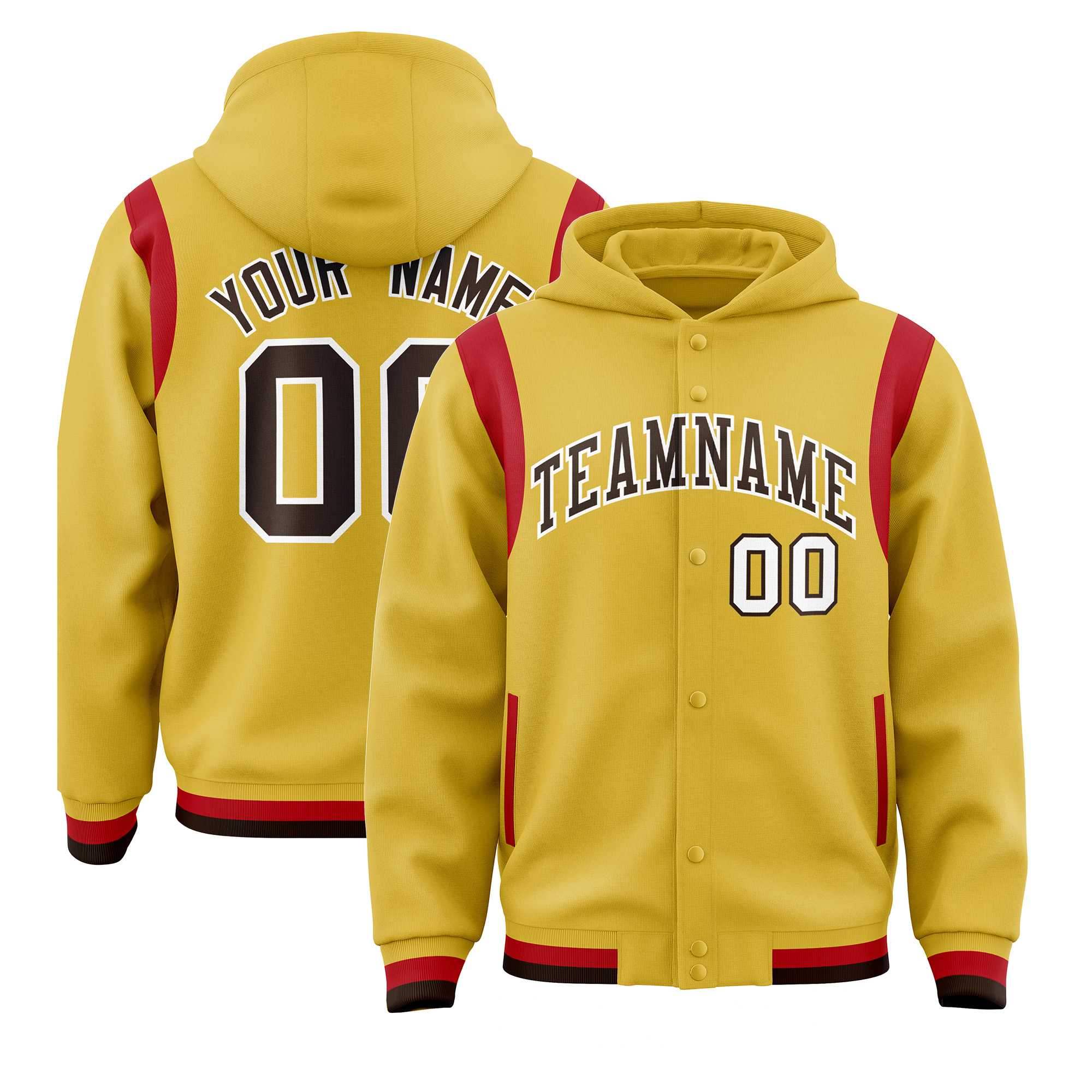 Custom Old Gold Brown Varsity Full-Snap Letterman Shoulder Color Block Jacket Hoodie| KXKSHOP