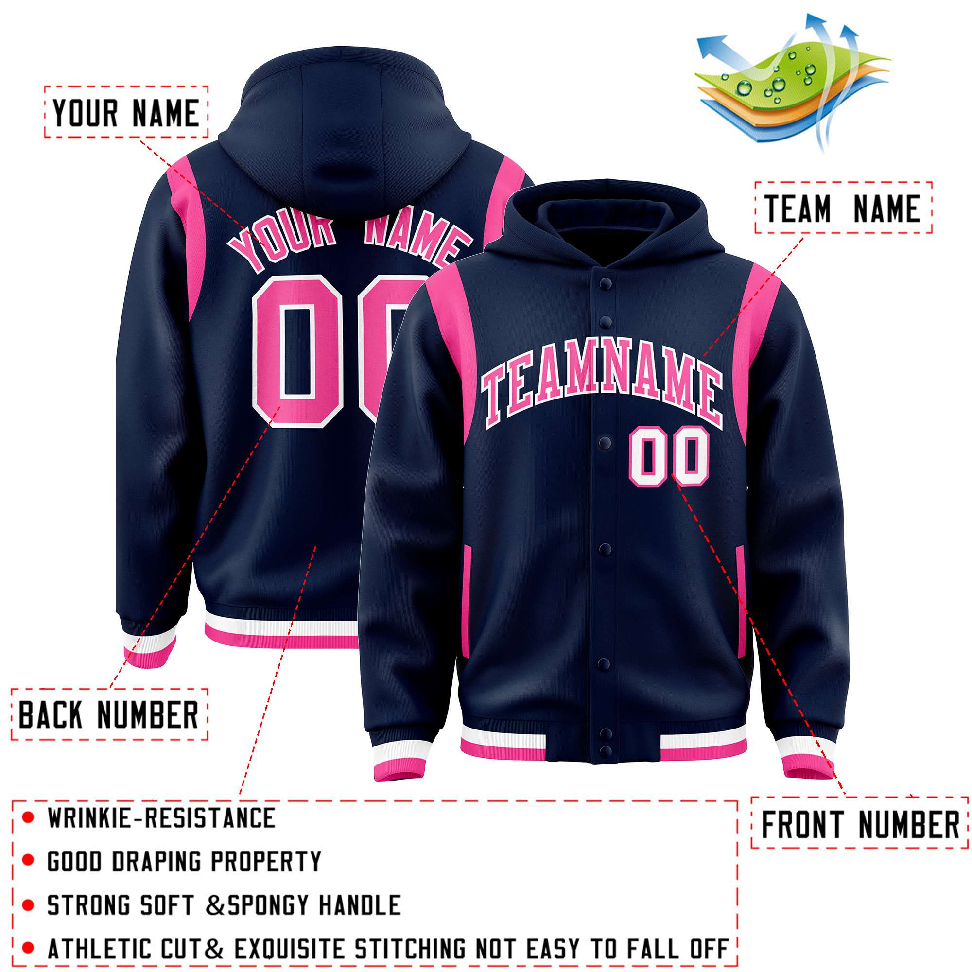 Custom Navy Pink Varsity Full-Snap Letterman Shoulder Color Block Jacket Hoodie| KXKSHOP