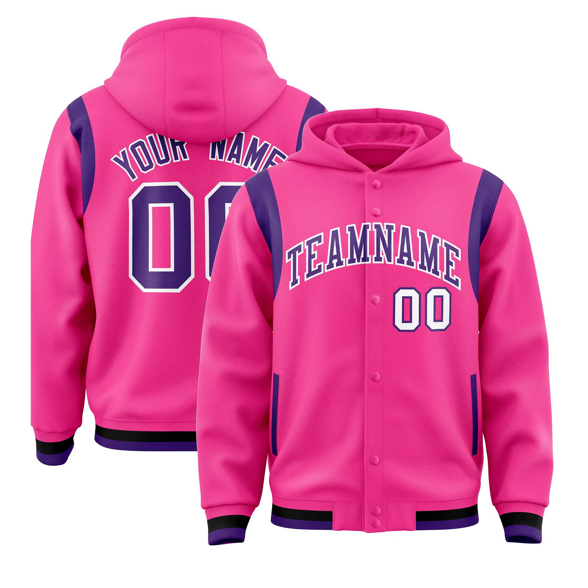 Custom Pink Purple Varsity Full-Snap Letterman Shoulder Color Block Jacket Hoodie| KXKSHOP