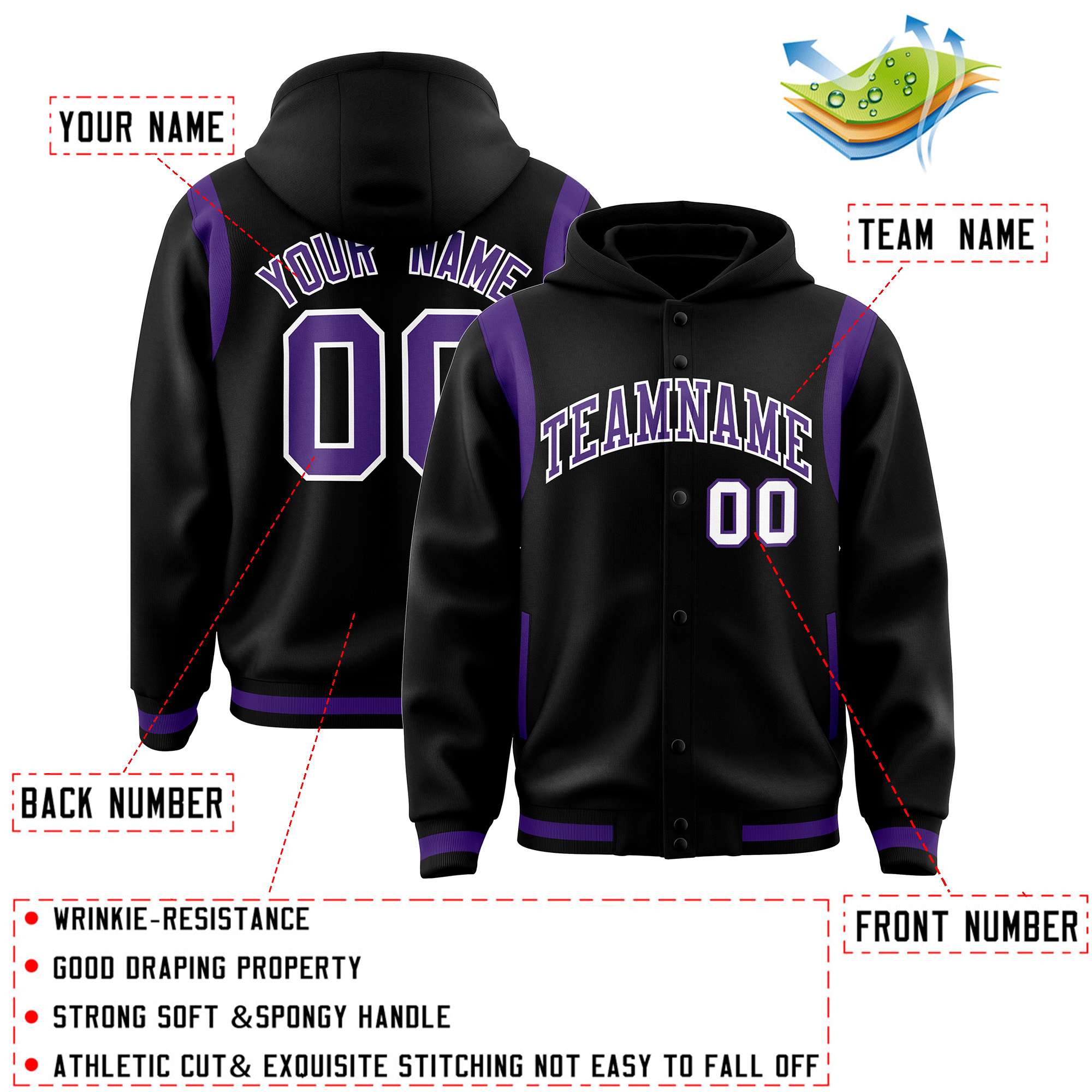 Custom Black Purple Varsity Full-Snap Letterman Shoulder Color Block Jacket Hoodie| KXKSHOP