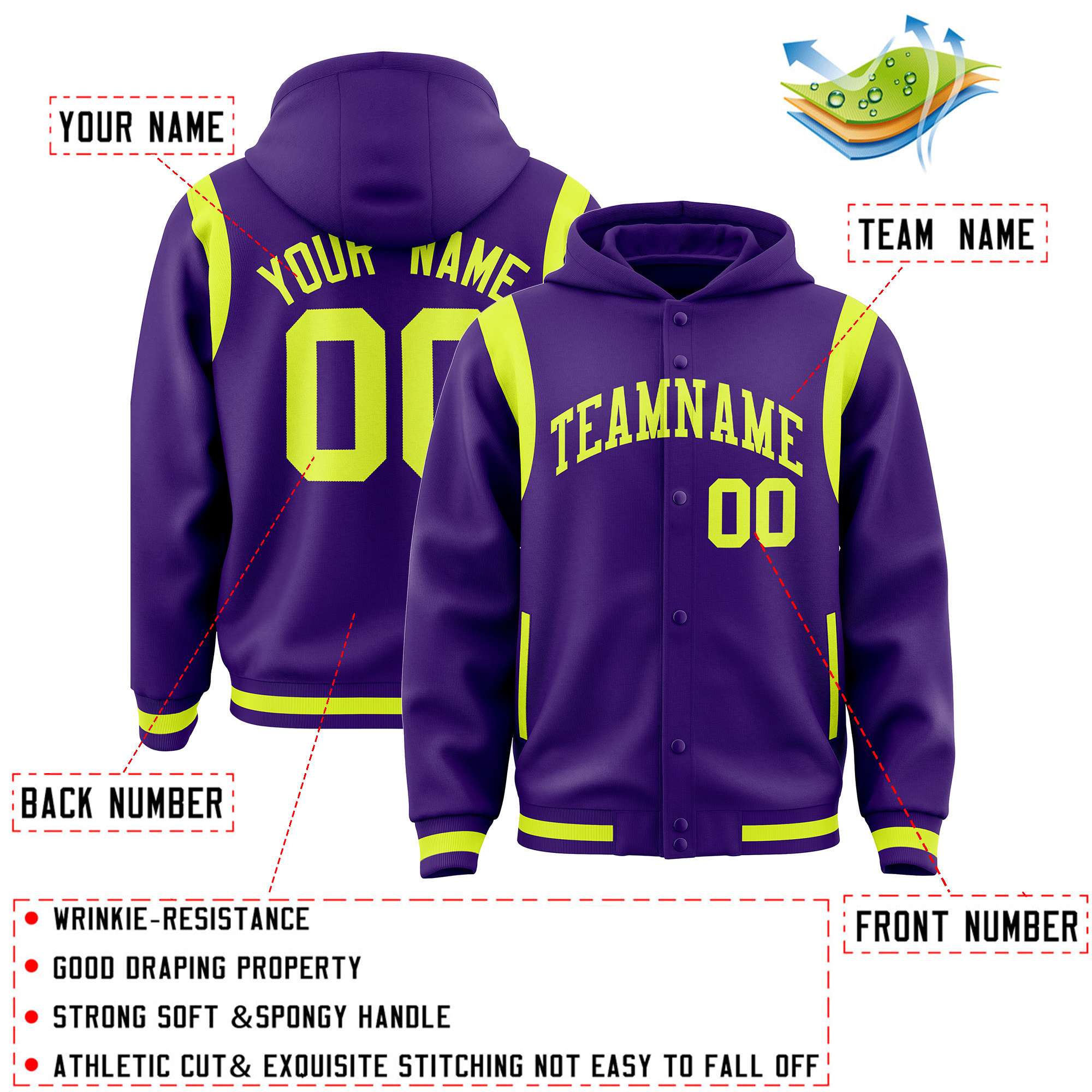 Custom Purple Fluorescent Green Varsity Full-Snap Letterman Shoulder Color Block Jacket Hoodie| KXKSHOP