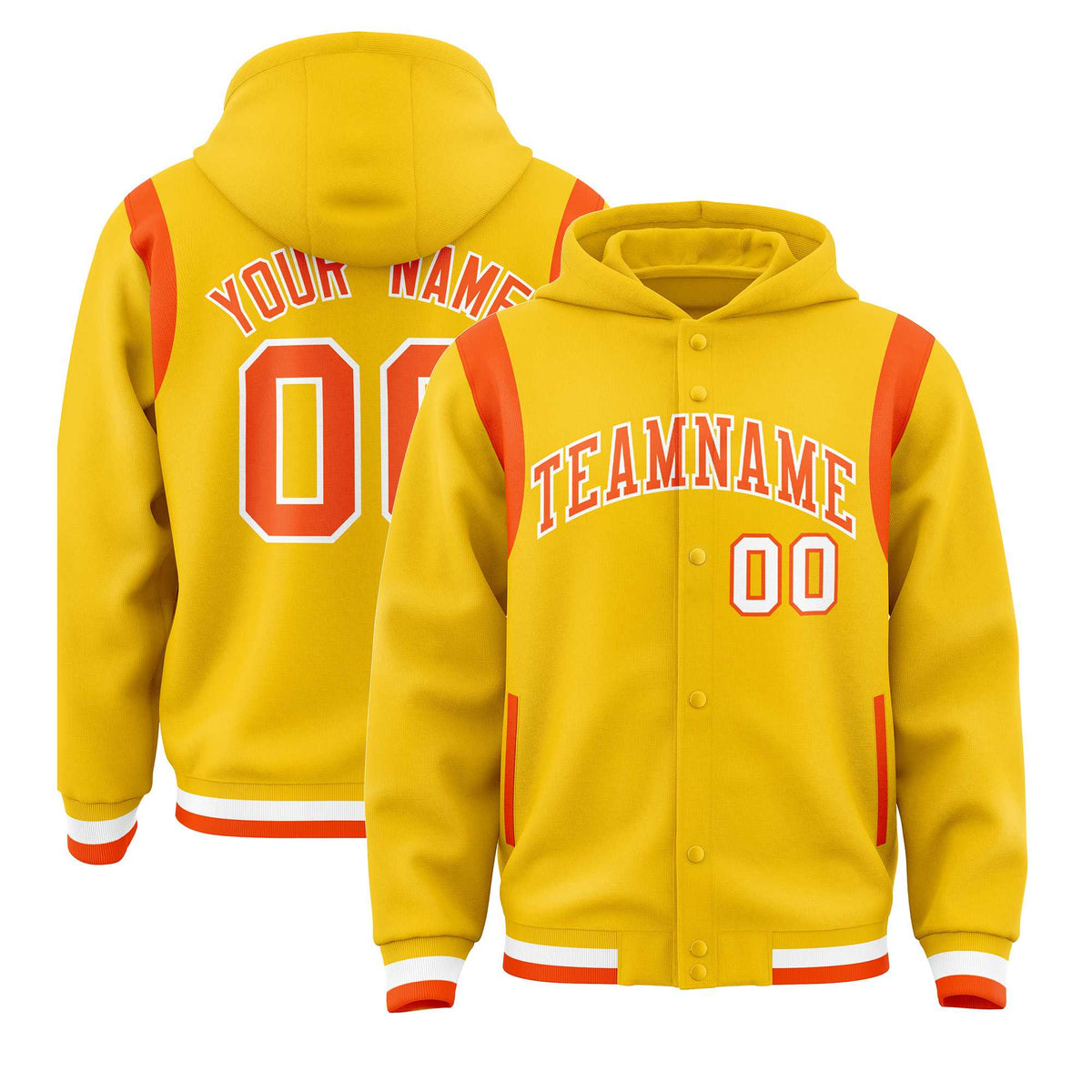 Custom Gold Orange Varsity Full-Snap Letterman Shoulder Color Block Jacket Hoodie| KXKSHOP