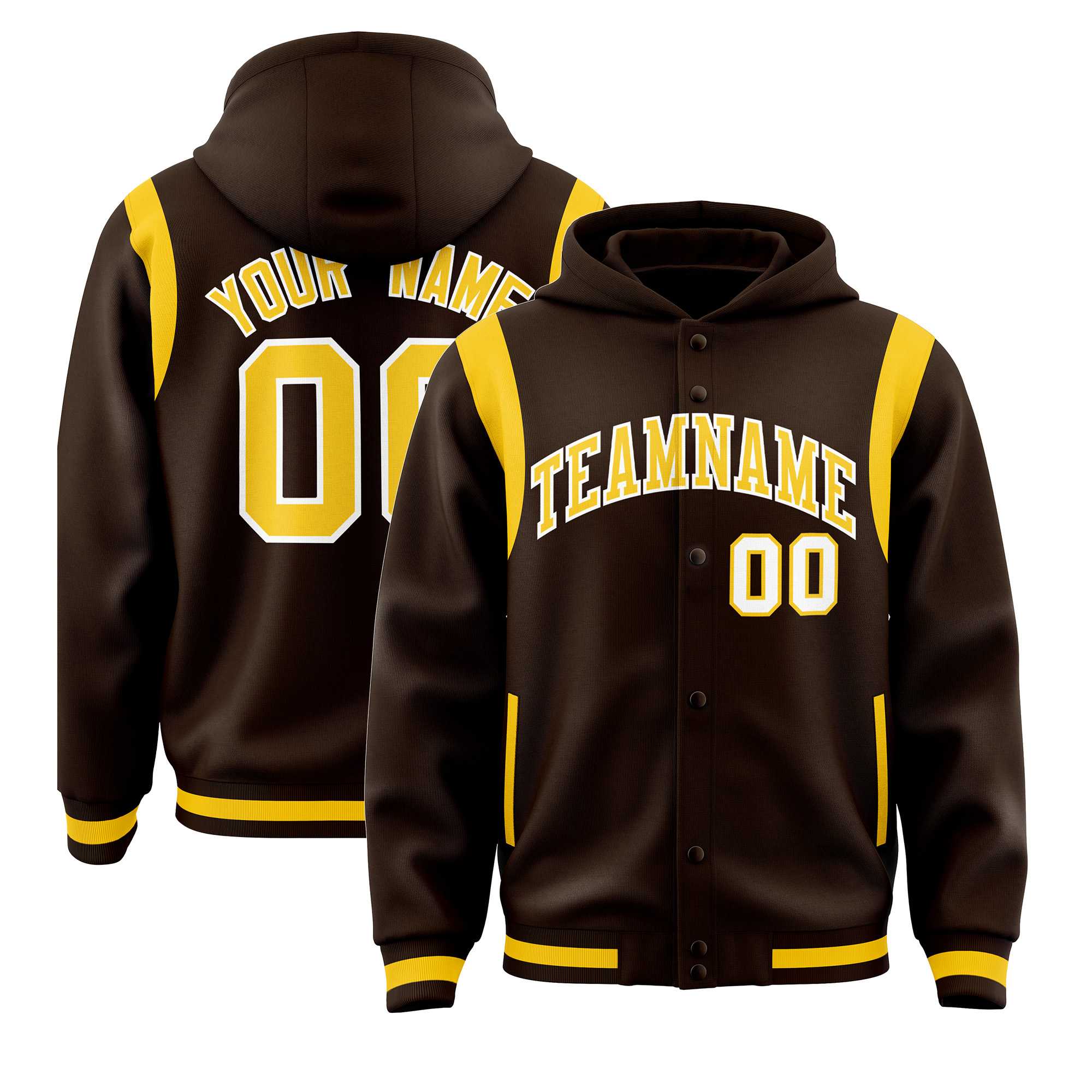 Custom Brown Gold Varsity Full-Snap Letterman Shoulder Color Block Jacket Hoodie| KXKSHOP