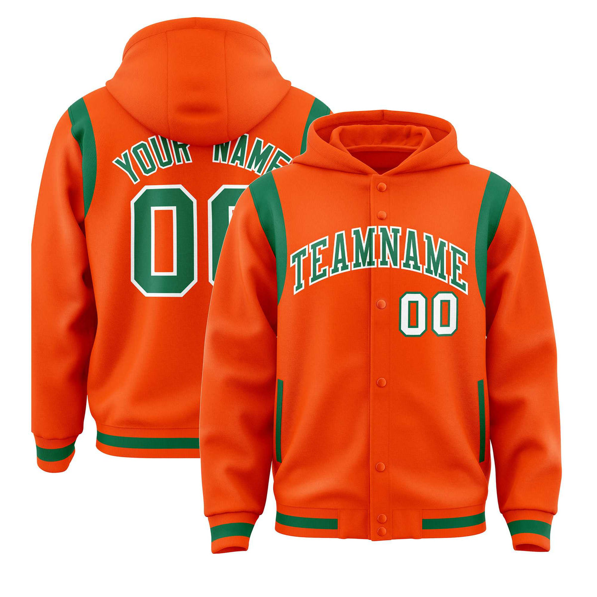 Custom Orange Kelly Green Varsity Full-Snap Letterman Shoulder Color Block Jacket Hoodie| KXKSHOP