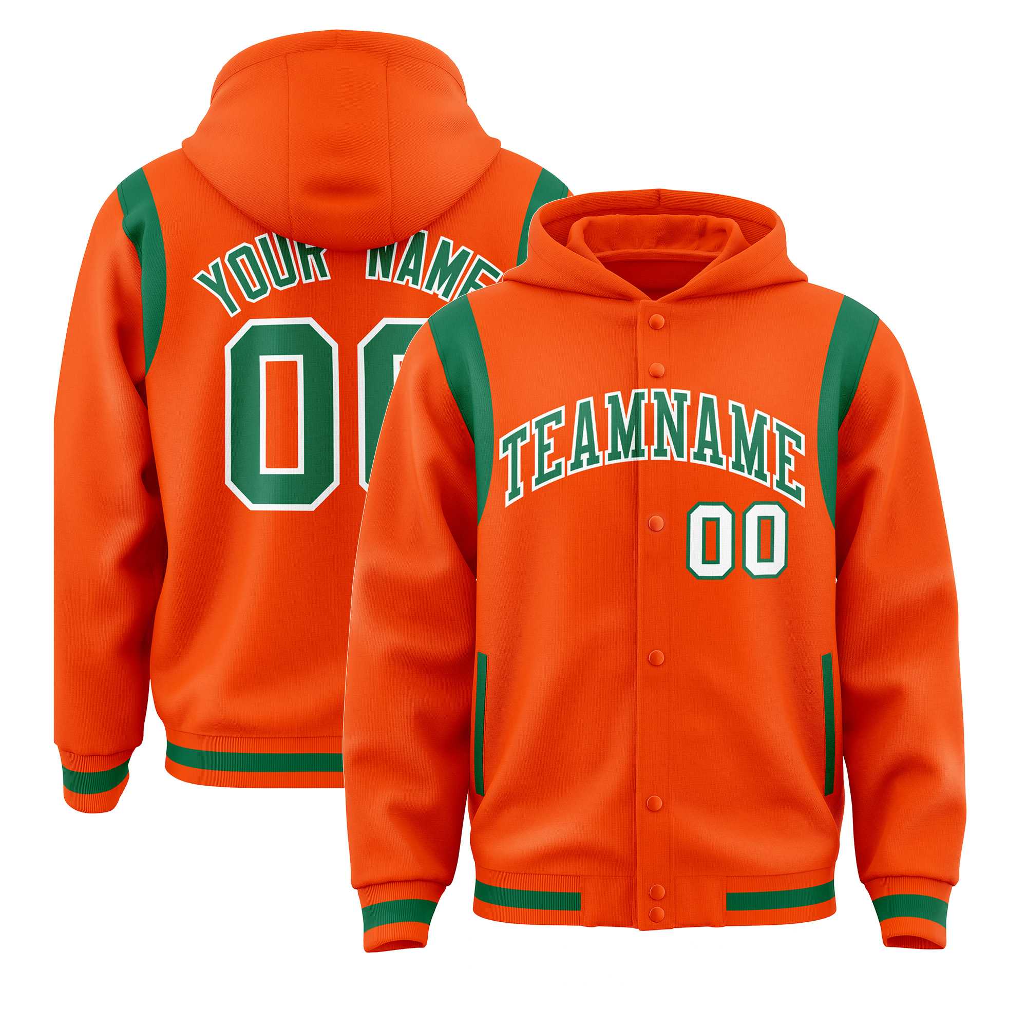 Custom Orange Kelly Green Varsity Full-Snap Letterman Shoulder Color Block Jacket Hoodie| KXKSHOP