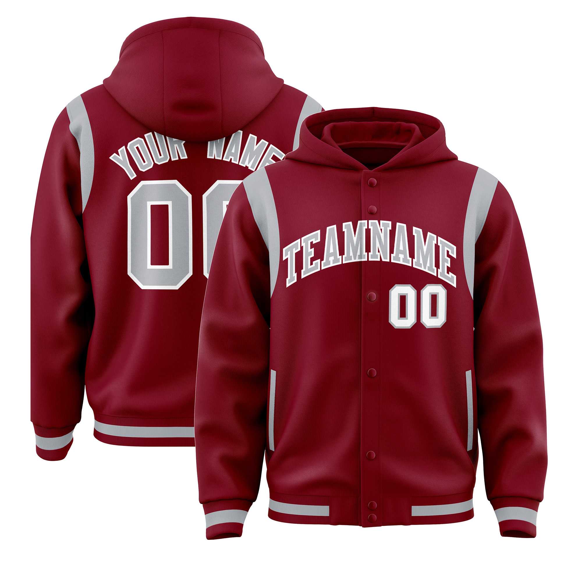 Custom Crimson Silver Varsity Full-Snap Letterman Shoulder Color Block Jacket Hoodie| KXKSHOP