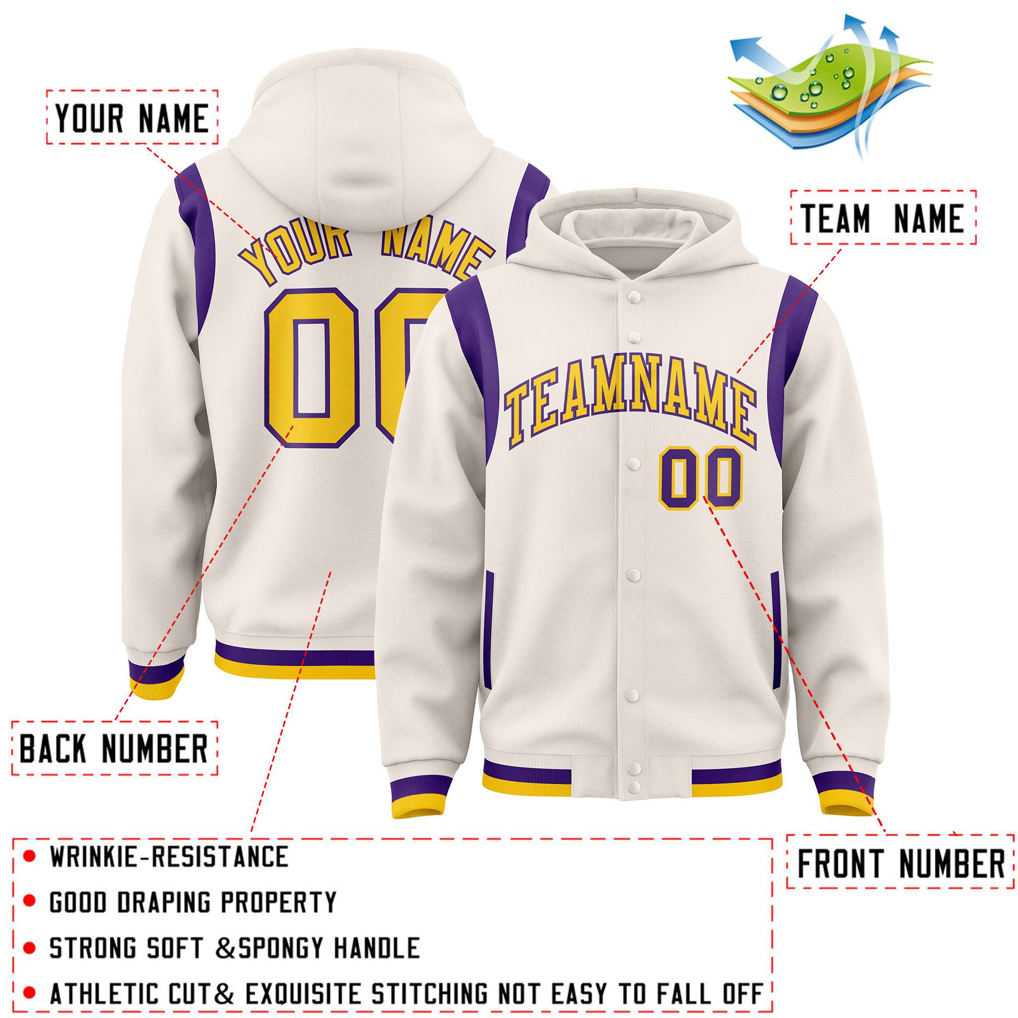 Custom Cream Gold Varsity Full-Snap Letterman Shoulder Color Block Jacket Hoodie| KXKSHOP