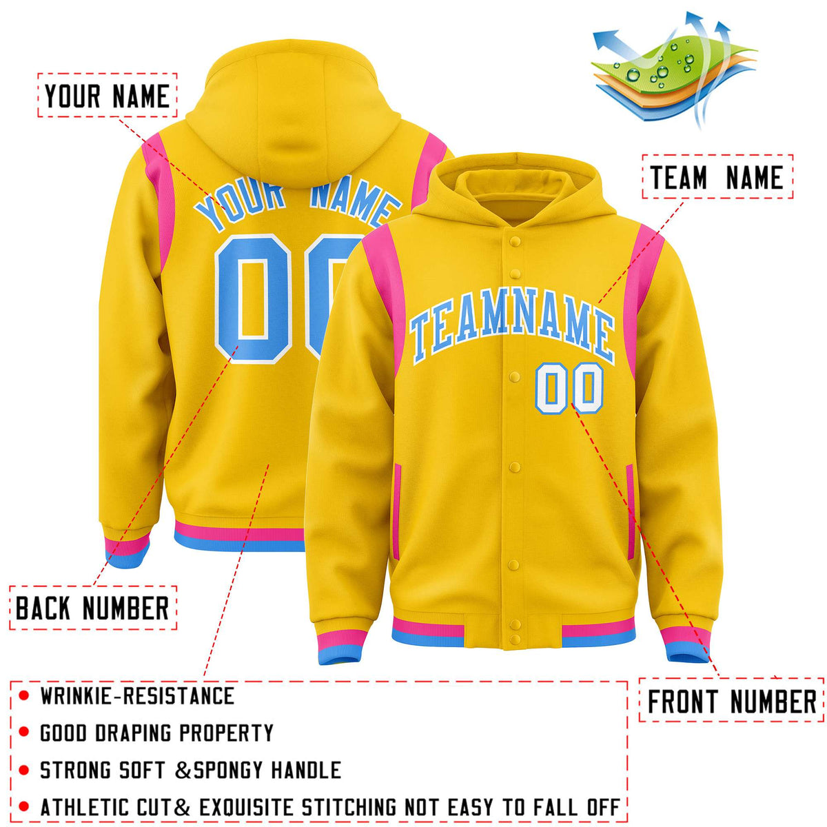 Custom Gold Powder Blue Varsity Full-Snap Letterman Shoulder Color Block Jacket Hoodie| KXKSHOP