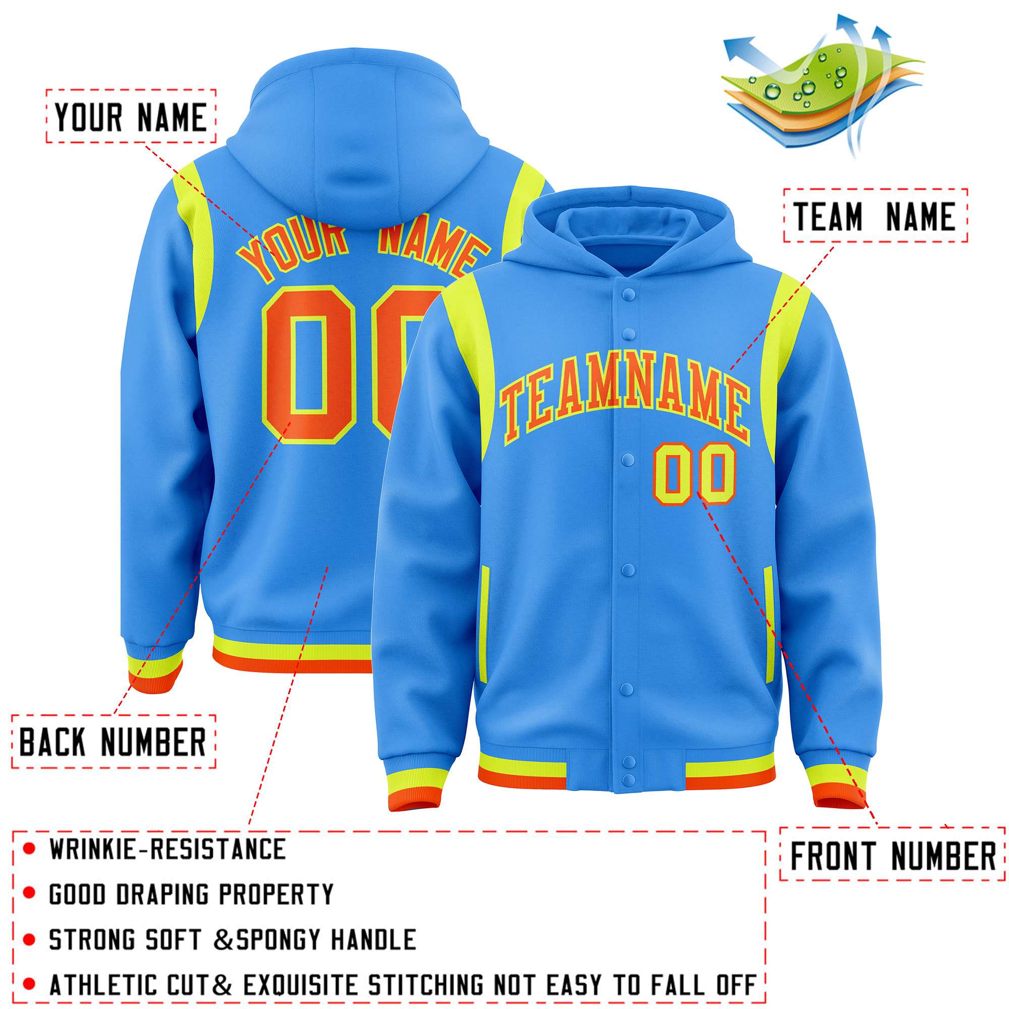 Custom Powder Blue Orange Varsity Full-Snap Letterman Shoulder Color Block Jacket Hoodie| KXKSHOP