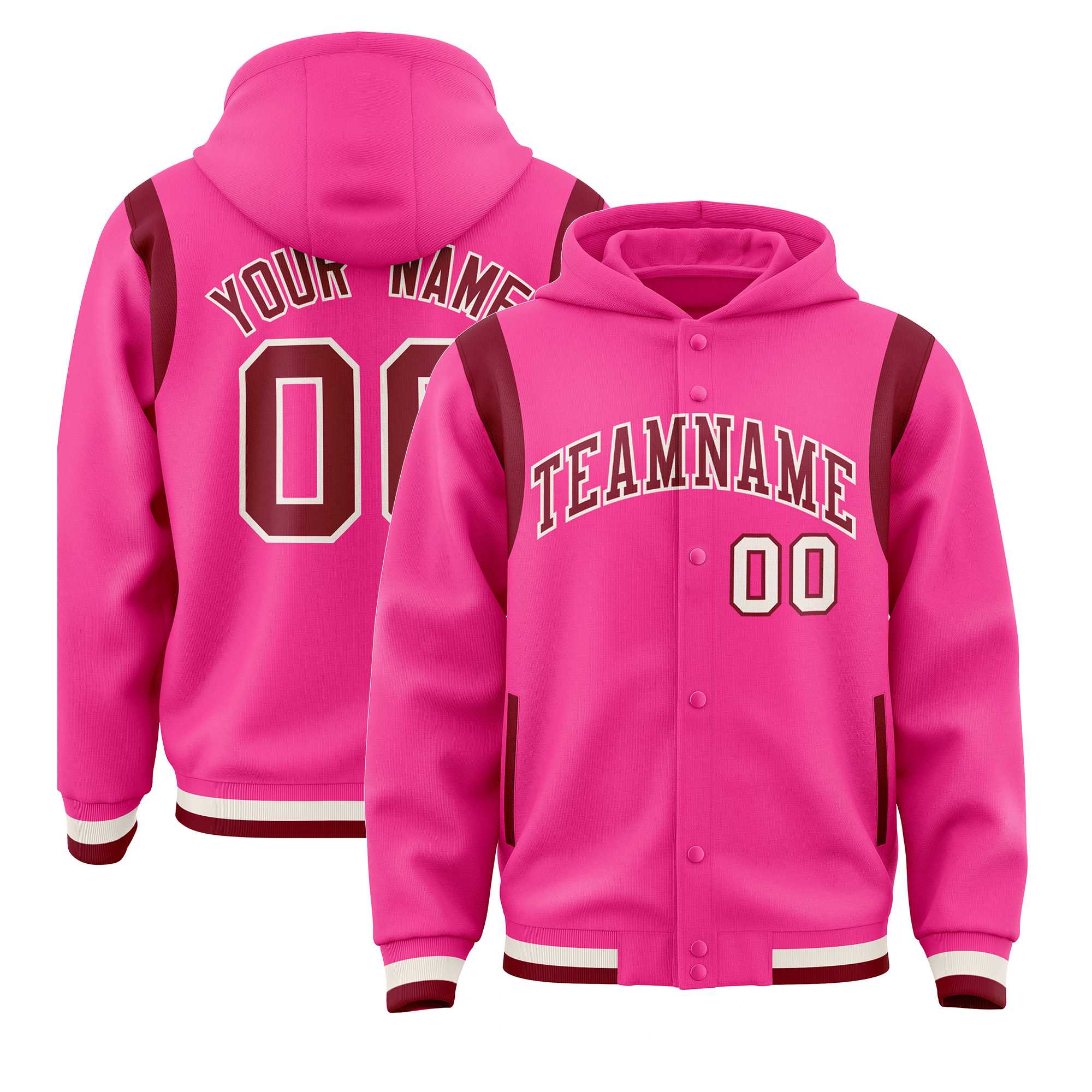 Custom Pink Crimson Varsity Full-Snap Letterman Shoulder Color Block Jacket Hoodie| KXKSHOP