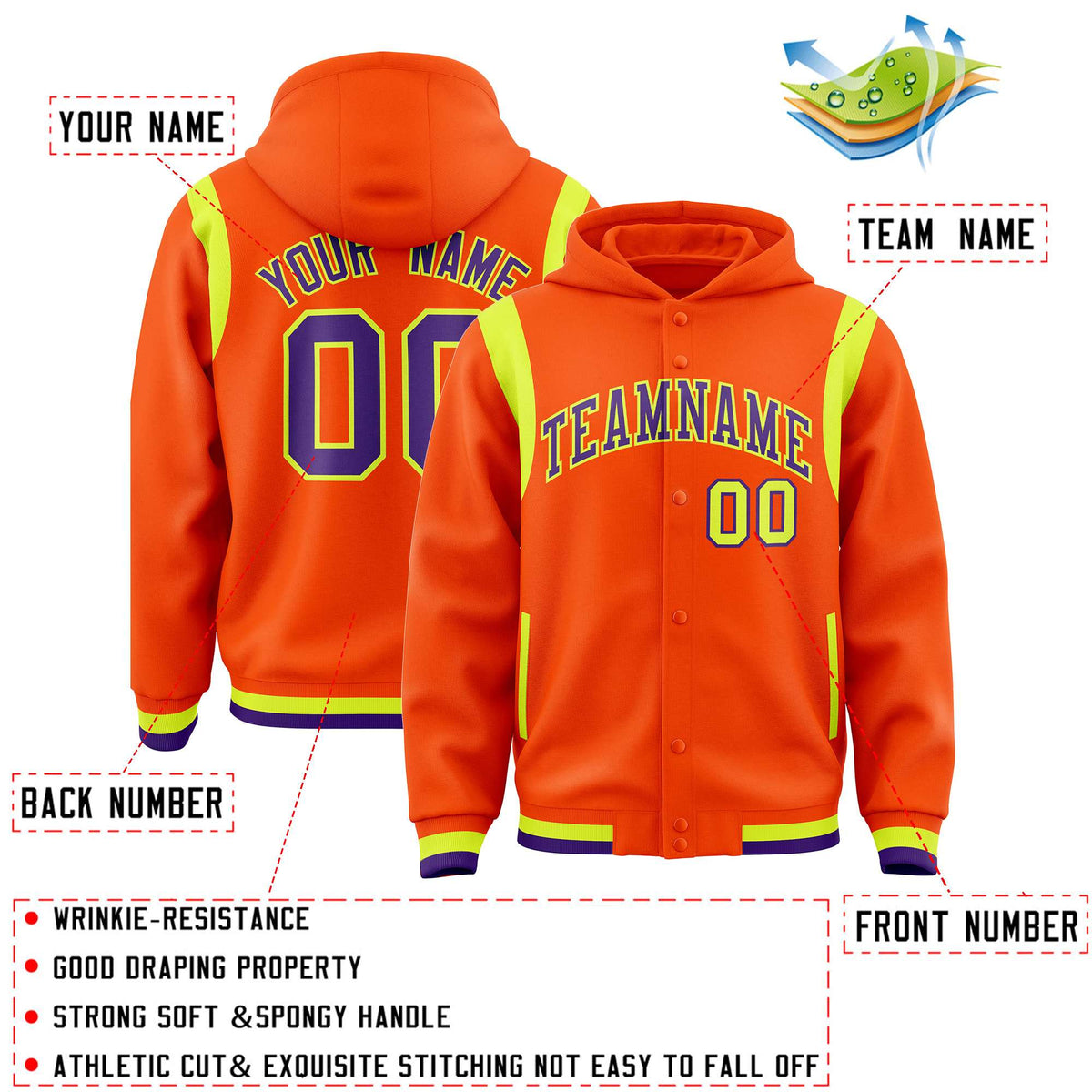 Custom Orange Purple Varsity Full-Snap Letterman Shoulder Color Block Jacket Hoodie| KXKSHOP