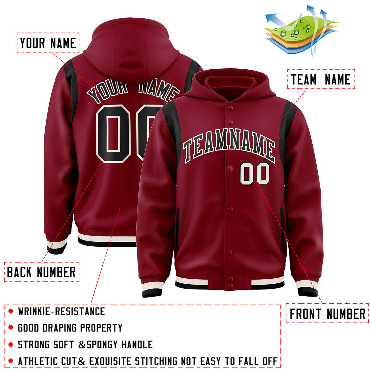 Custom Crimson Black Varsity Full-Snap Letterman Shoulder Color Block Jacket Hoodie| KXKSHOP