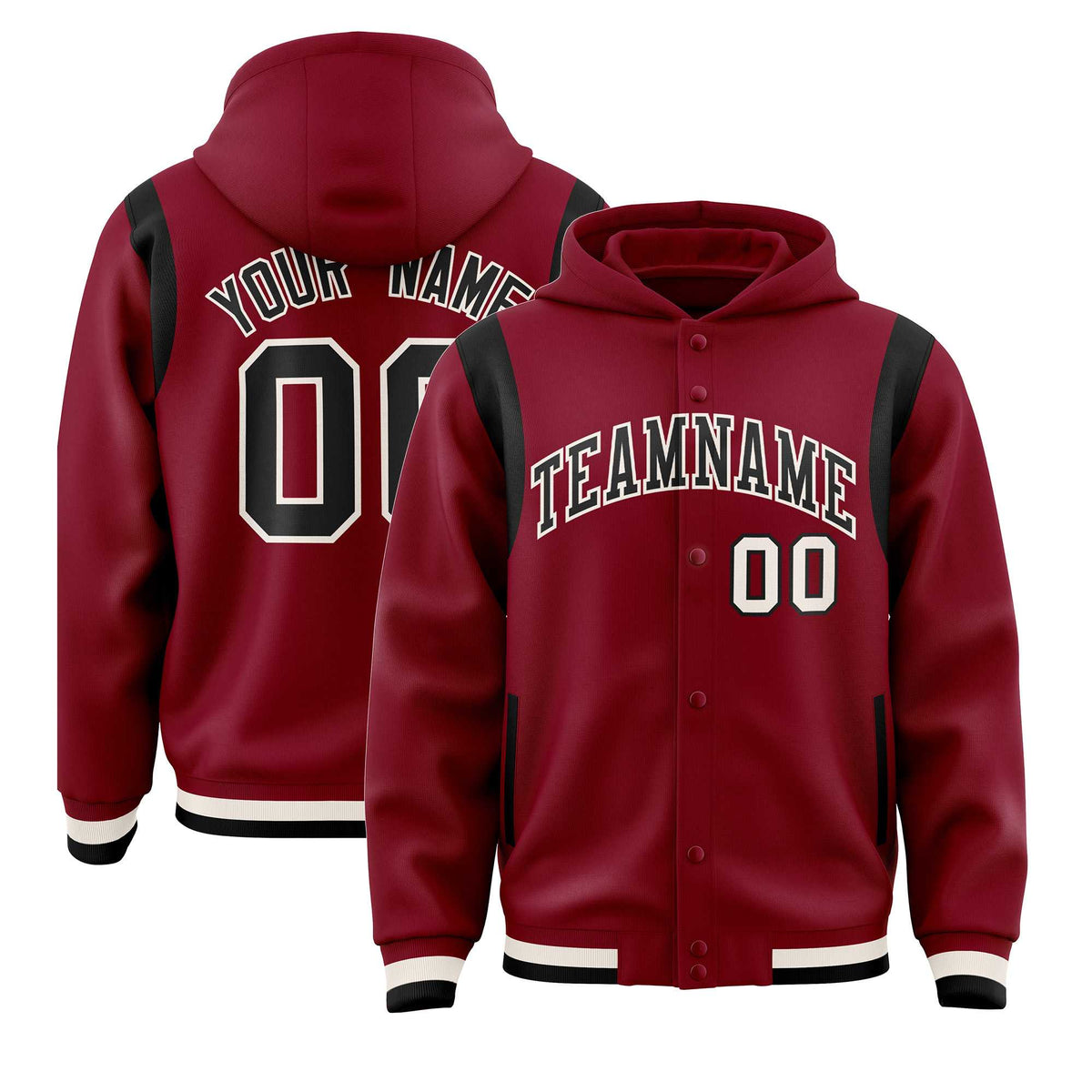 Custom Crimson Black Varsity Full-Snap Letterman Shoulder Color Block Jacket Hoodie| KXKSHOP