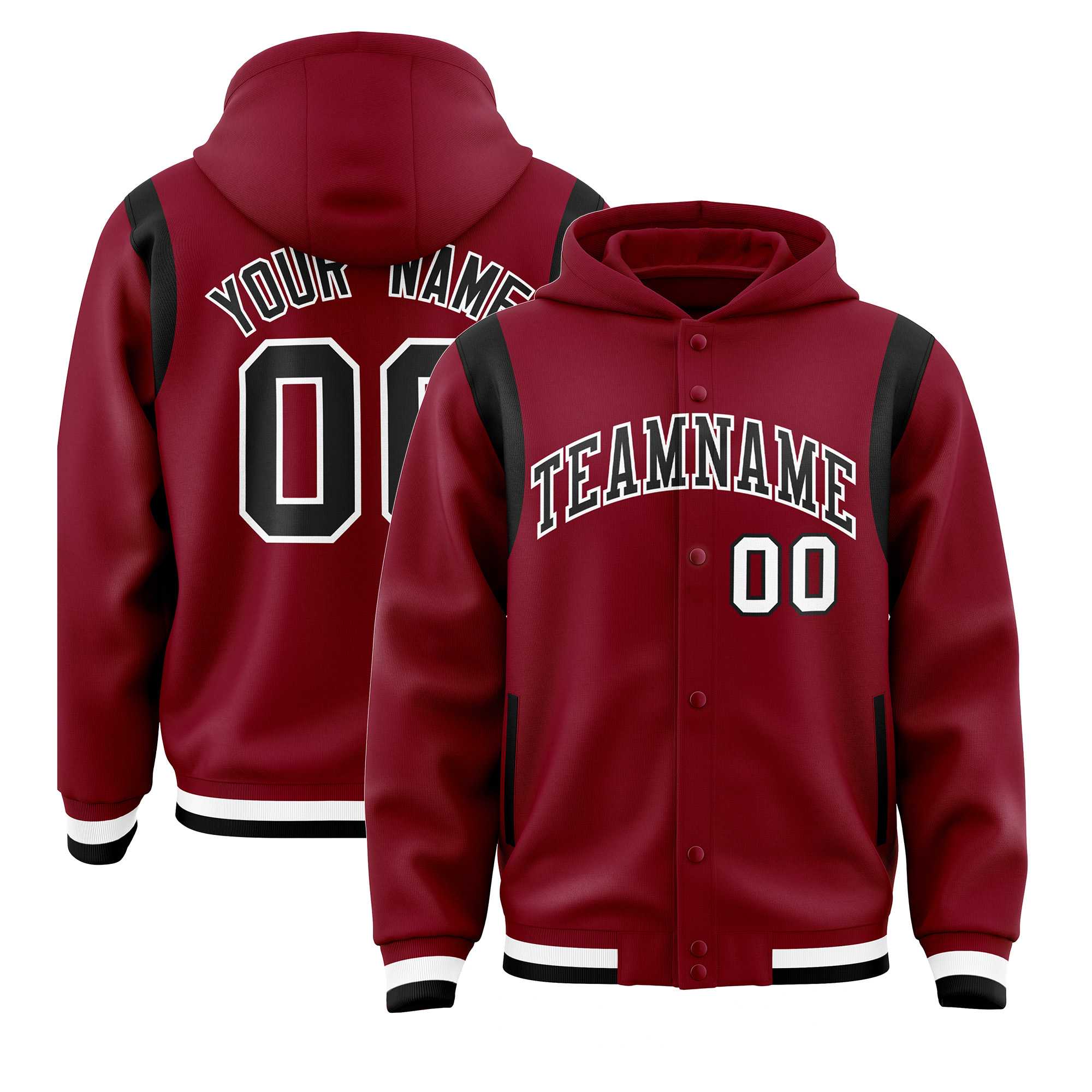 Custom Crimson Black Varsity Full-Snap Letterman Shoulder Color Block Jacket Hoodie| KXKSHOP