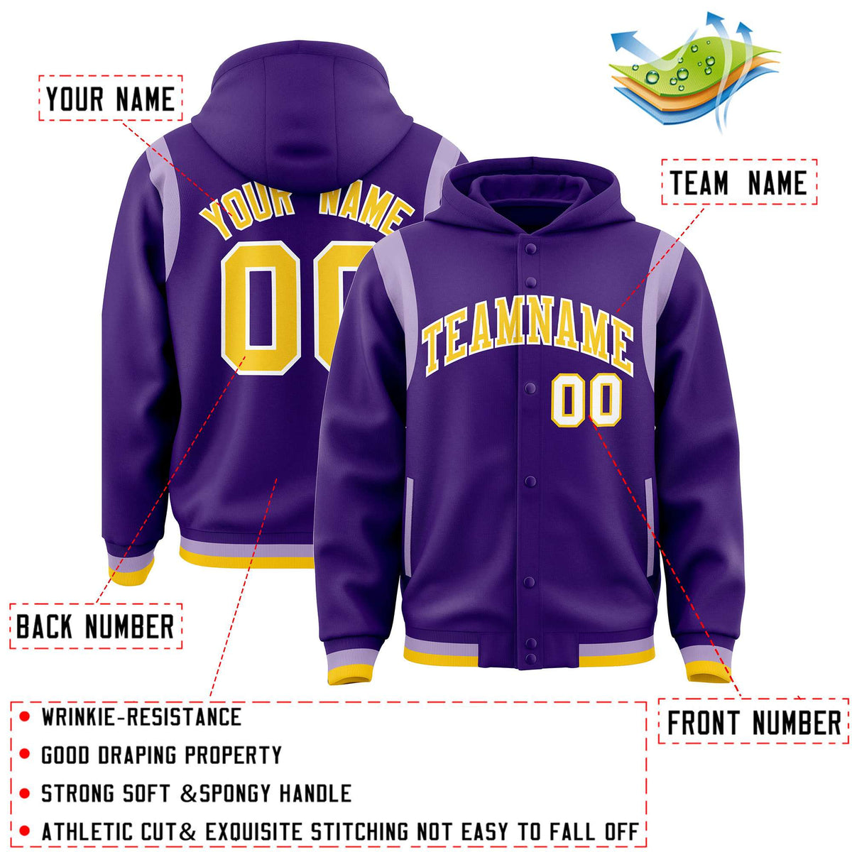 Custom Purple Gold Varsity Full-Snap Letterman Shoulder Color Block Jacket Hoodie| KXKSHOP
