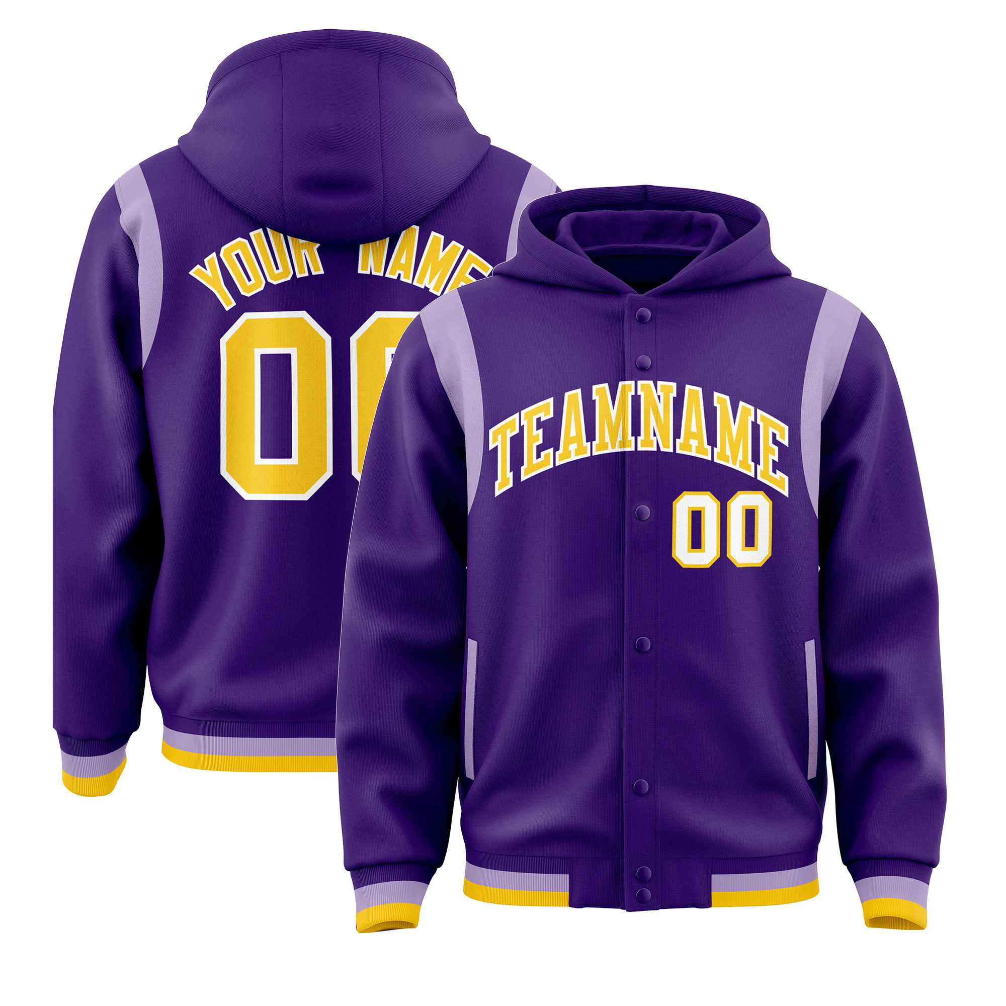 Custom Purple Gold Varsity Full-Snap Letterman Shoulder Color Block Jacket Hoodie| KXKSHOP