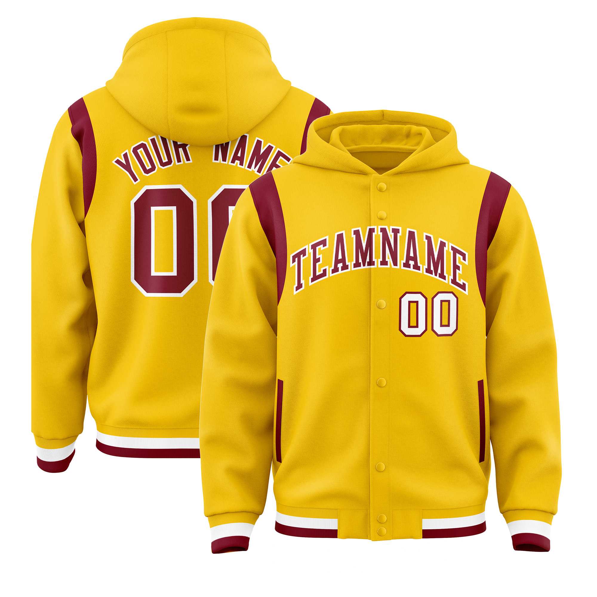 Custom Gold Crimson Varsity Full-Snap Letterman Shoulder Color Block Jacket Hoodie| KXKSHOP