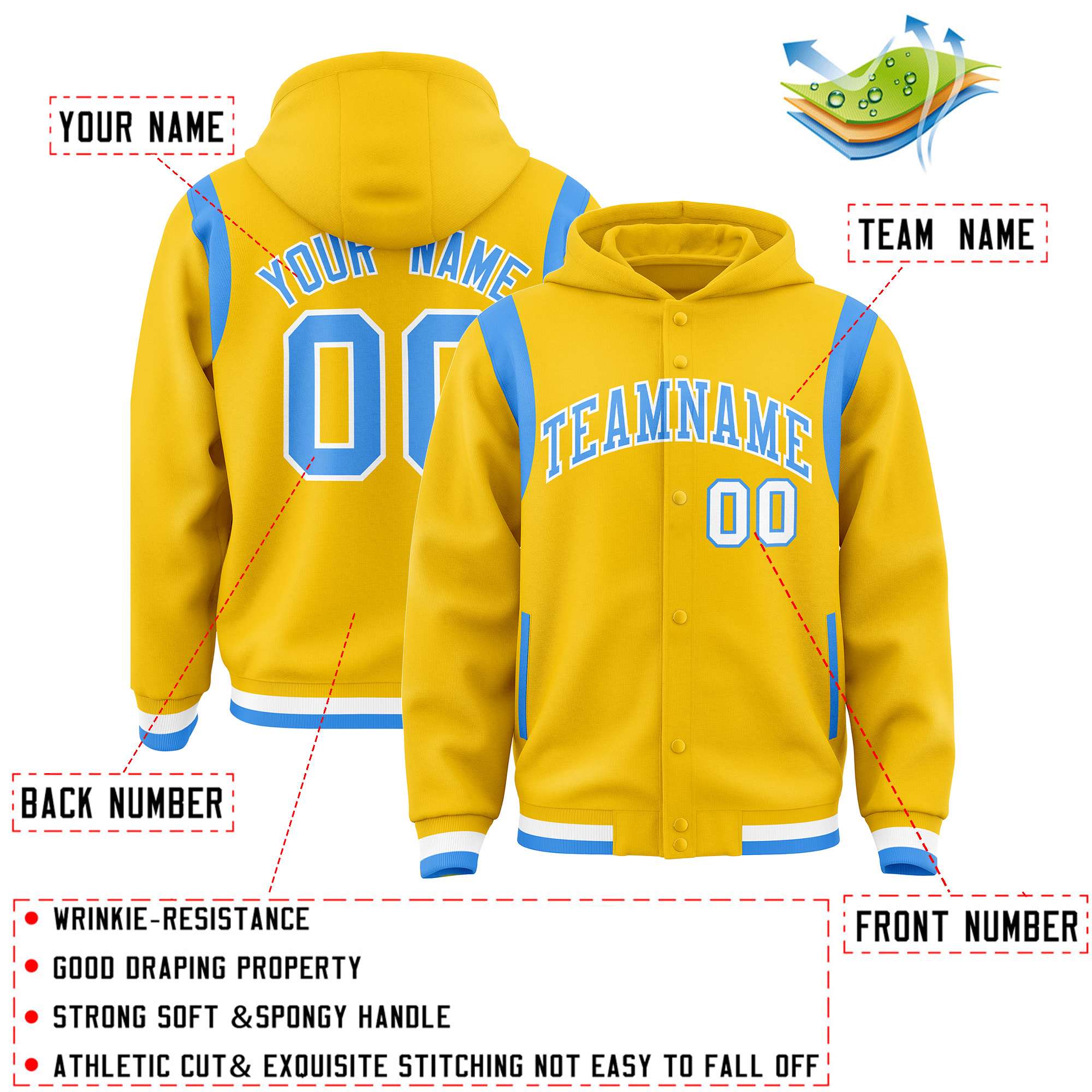 Custom Gold Powder Blue Varsity Full-Snap Letterman Shoulder Color Block Jacket Hoodie| KXKSHOP