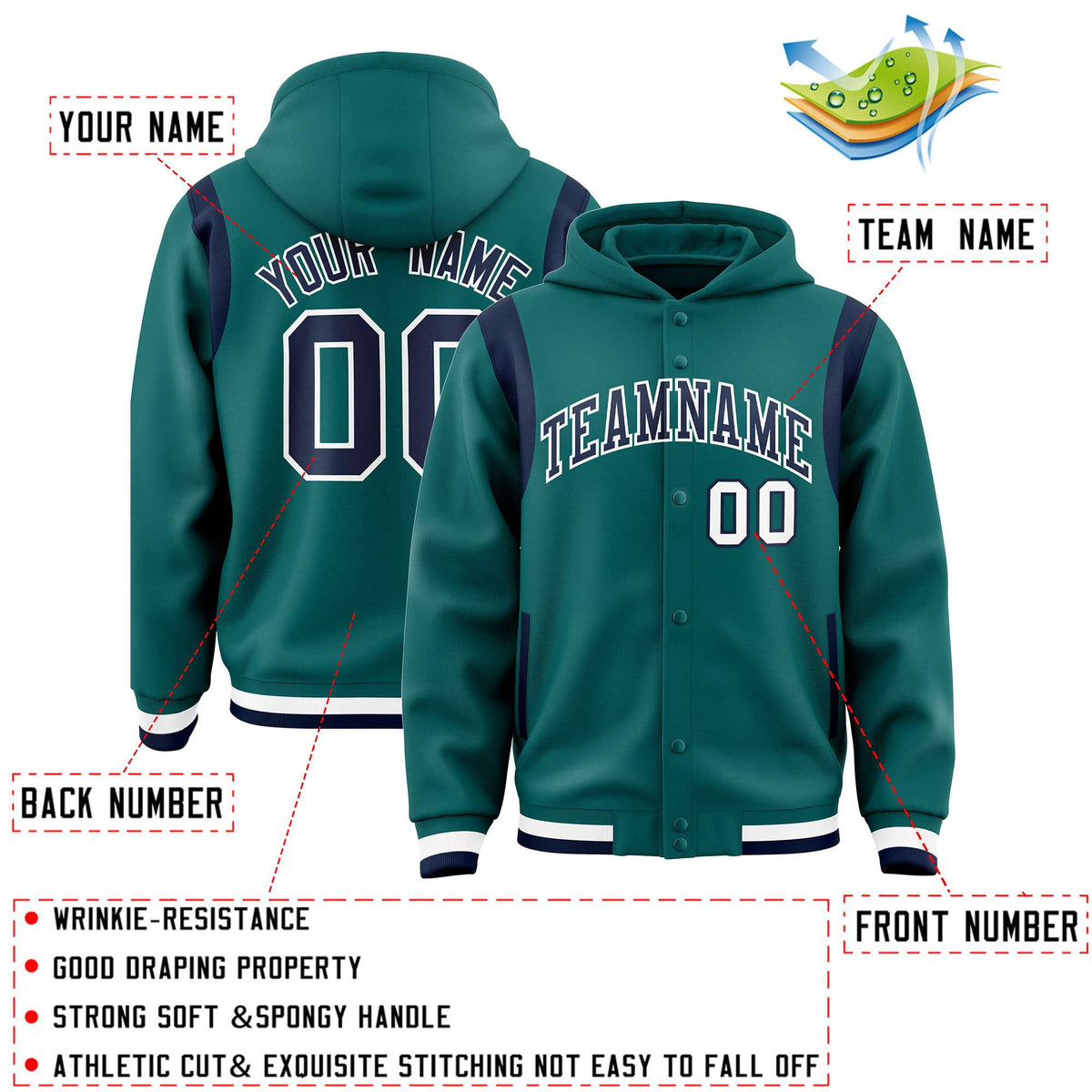 Custom Aqua Navy Varsity Full-Snap Letterman Shoulder Color Block Jacket Hoodie| KXKSHOP