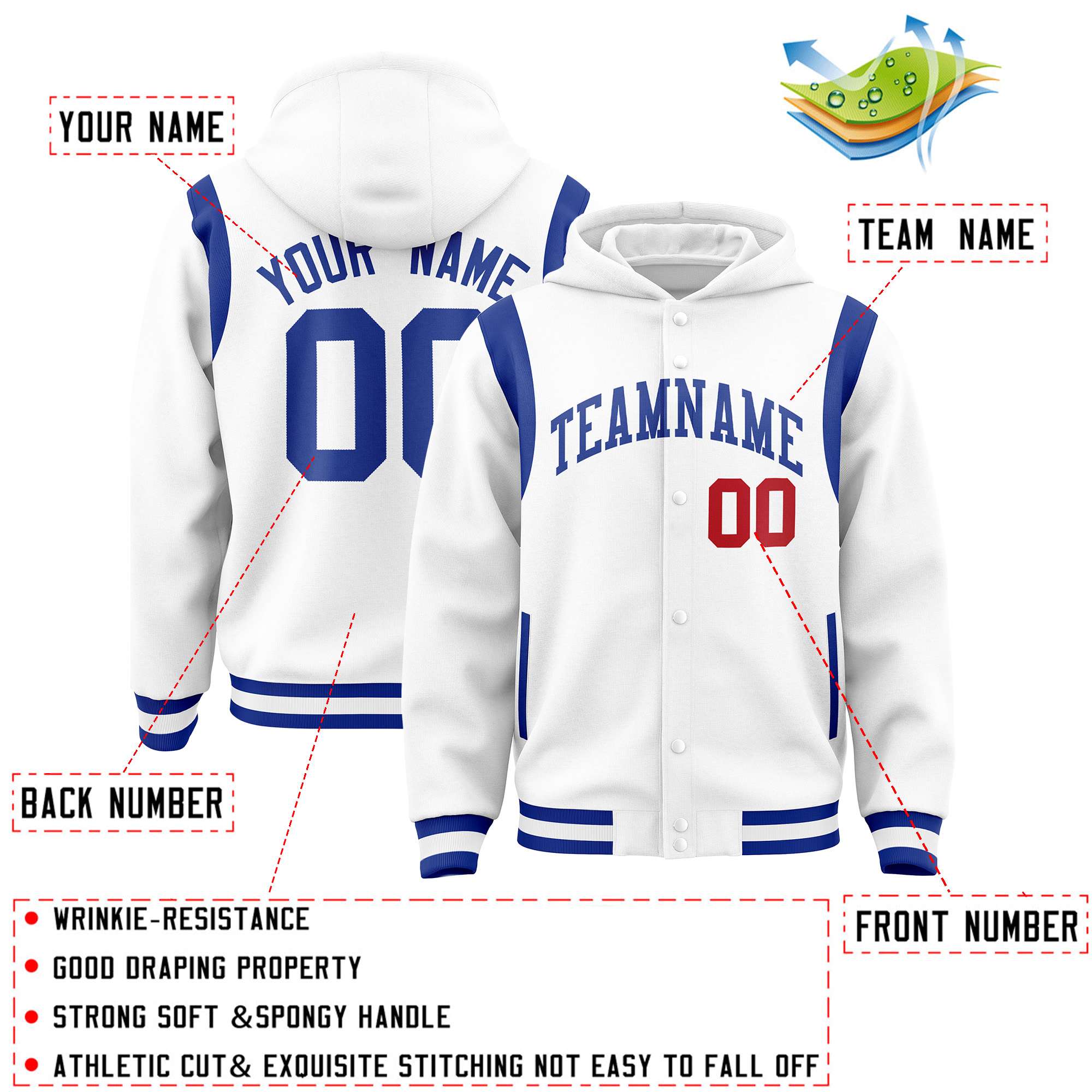 Custom White Royal Varsity Full-Snap Letterman Shoulder Color Block Jacket Hoodie| KXKSHOP