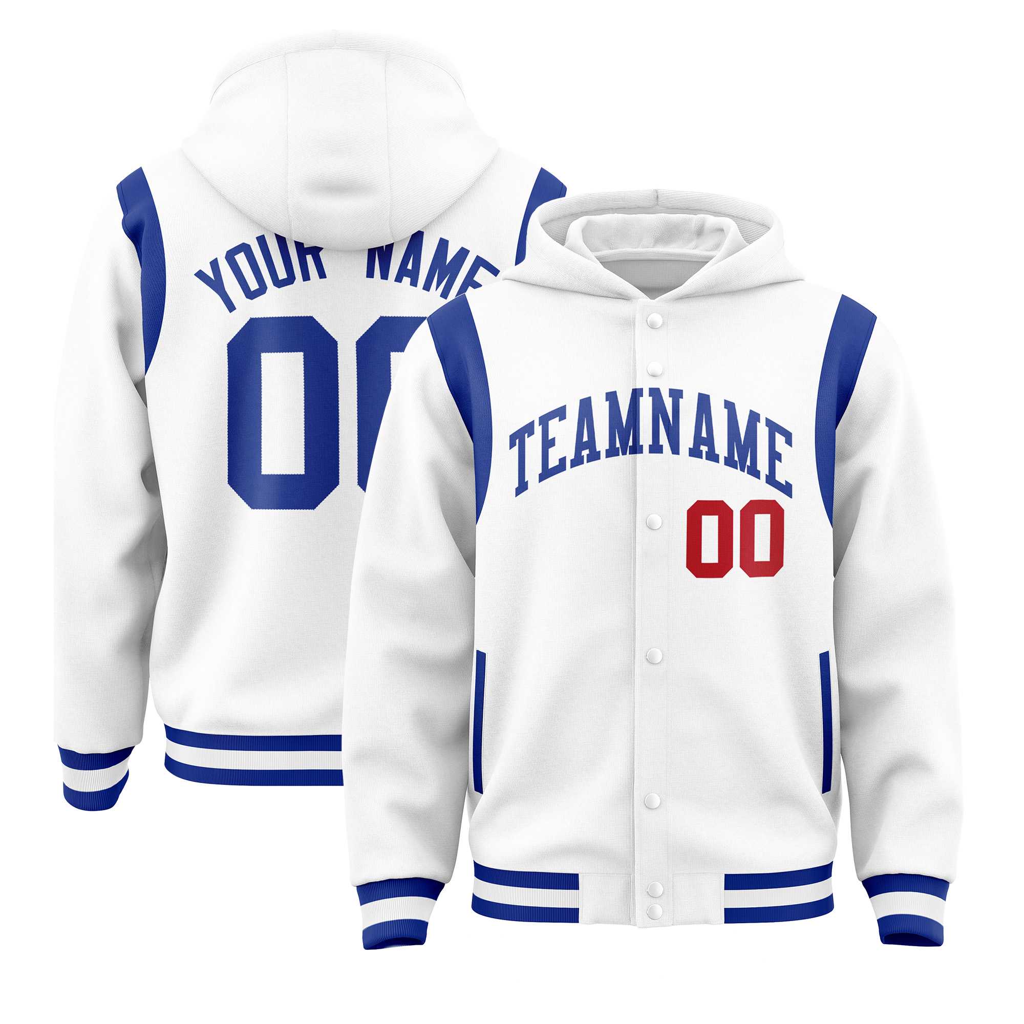 Custom White Royal Varsity Full-Snap Letterman Shoulder Color Block Jacket Hoodie| KXKSHOP