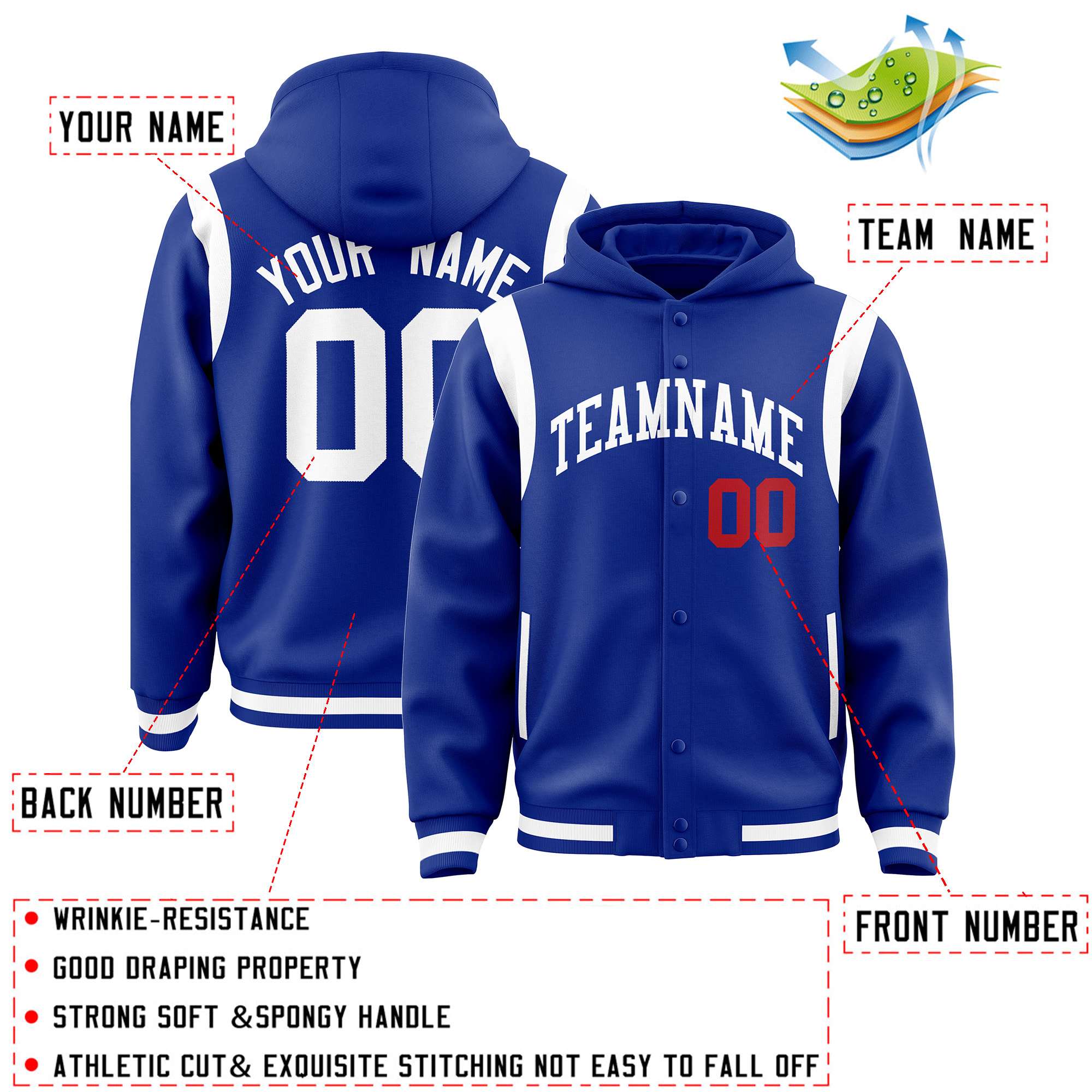 Custom Royal White Varsity Full-Snap Letterman Shoulder Color Block Jacket Hoodie| KXKSHOP