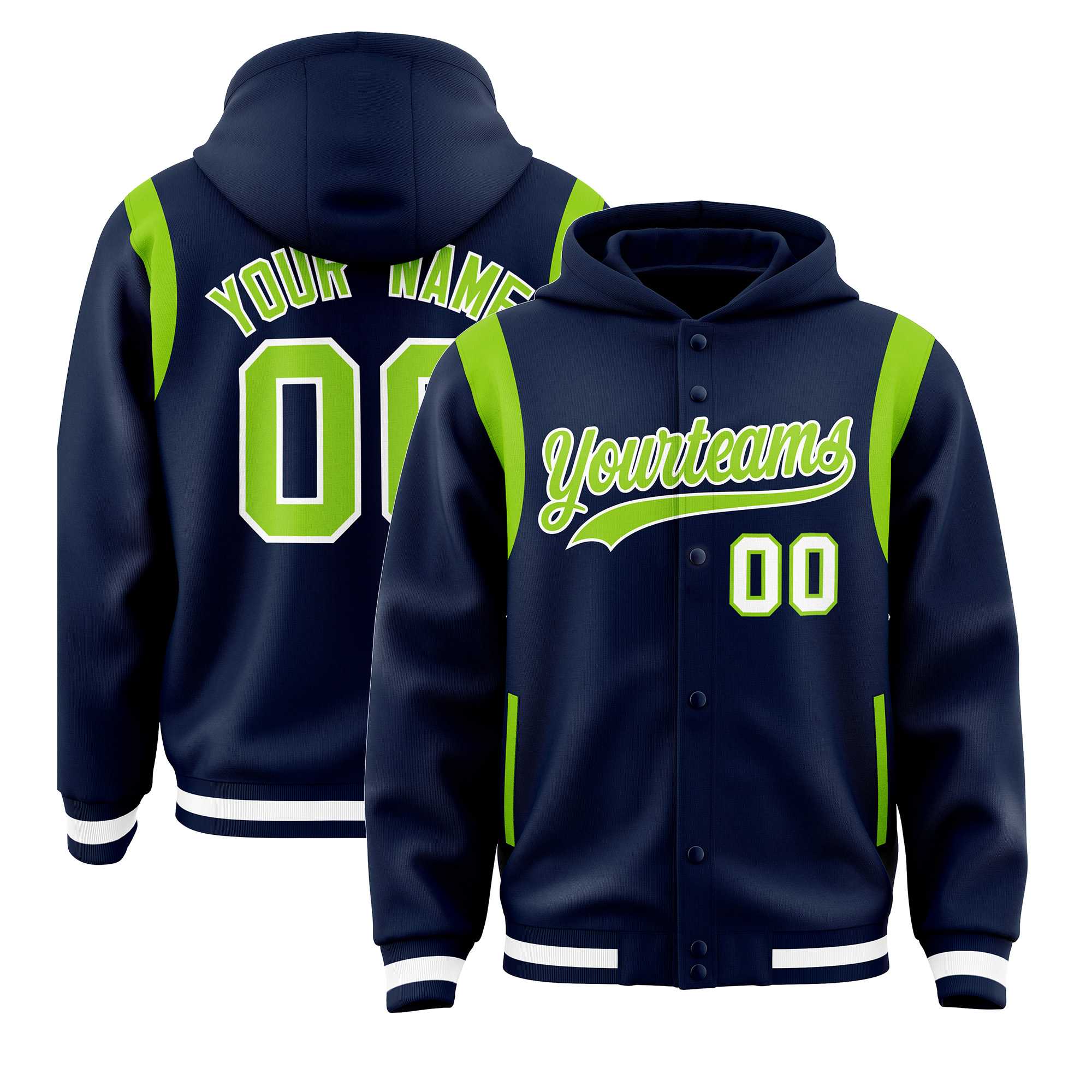 Custom Navy Neon Green Varsity Full-Snap Letterman Shoulder Color Block Jacket Hoodie| KXKSHOP