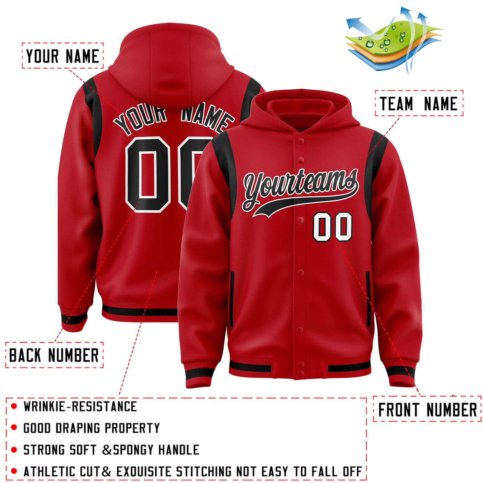 Custom Red Black Varsity Full-Snap Letterman Shoulder Color Block Jacket Hoodie| KXKSHOP