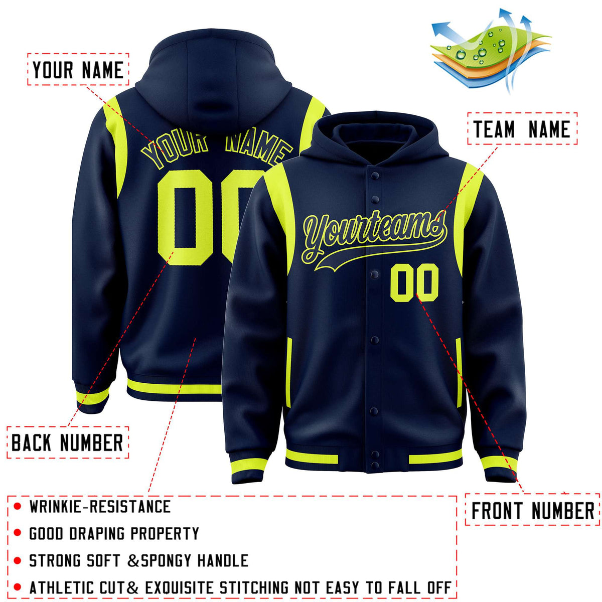 Custom Navy Navy Varsity Full-Snap Letterman Shoulder Color Block Jacket Hoodie| KXKSHOP