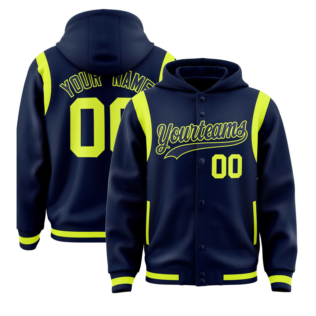Custom Navy Navy Varsity Full-Snap Letterman Shoulder Color Block Jacket Hoodie| KXKSHOP