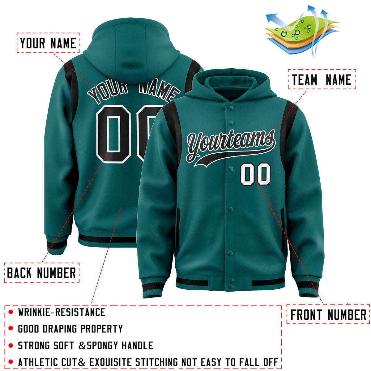 Custom Aqua Black Varsity Full-Snap Letterman Shoulder Color Block Jacket Hoodie| KXKSHOP