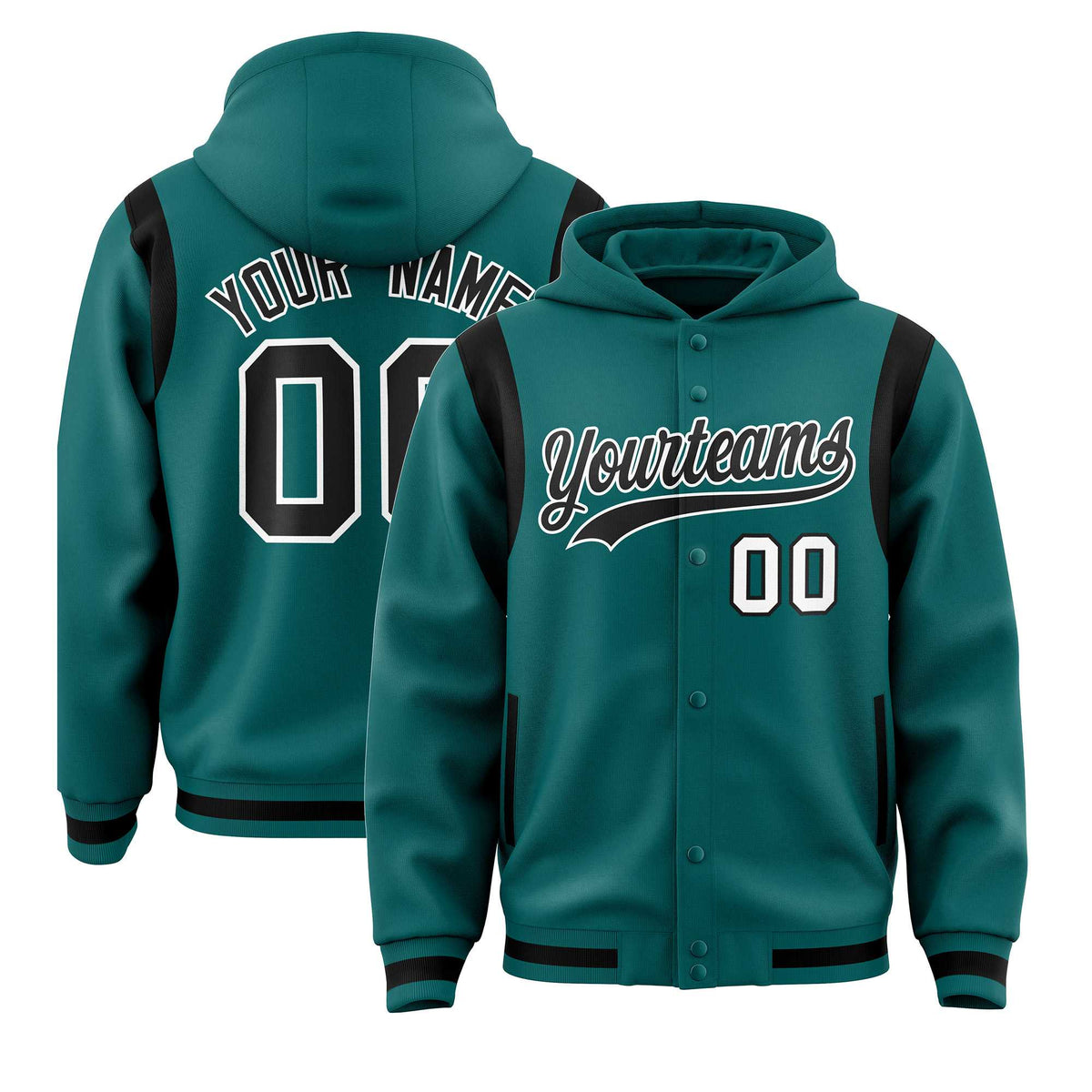 Custom Aqua Black Varsity Full-Snap Letterman Shoulder Color Block Jacket Hoodie| KXKSHOP
