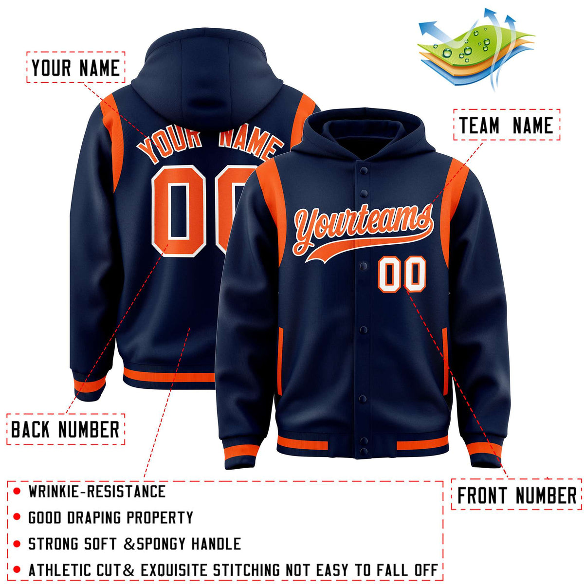 Custom Navy Orange Varsity Full-Snap Letterman Shoulder Color Block Jacket Hoodie| KXKSHOP