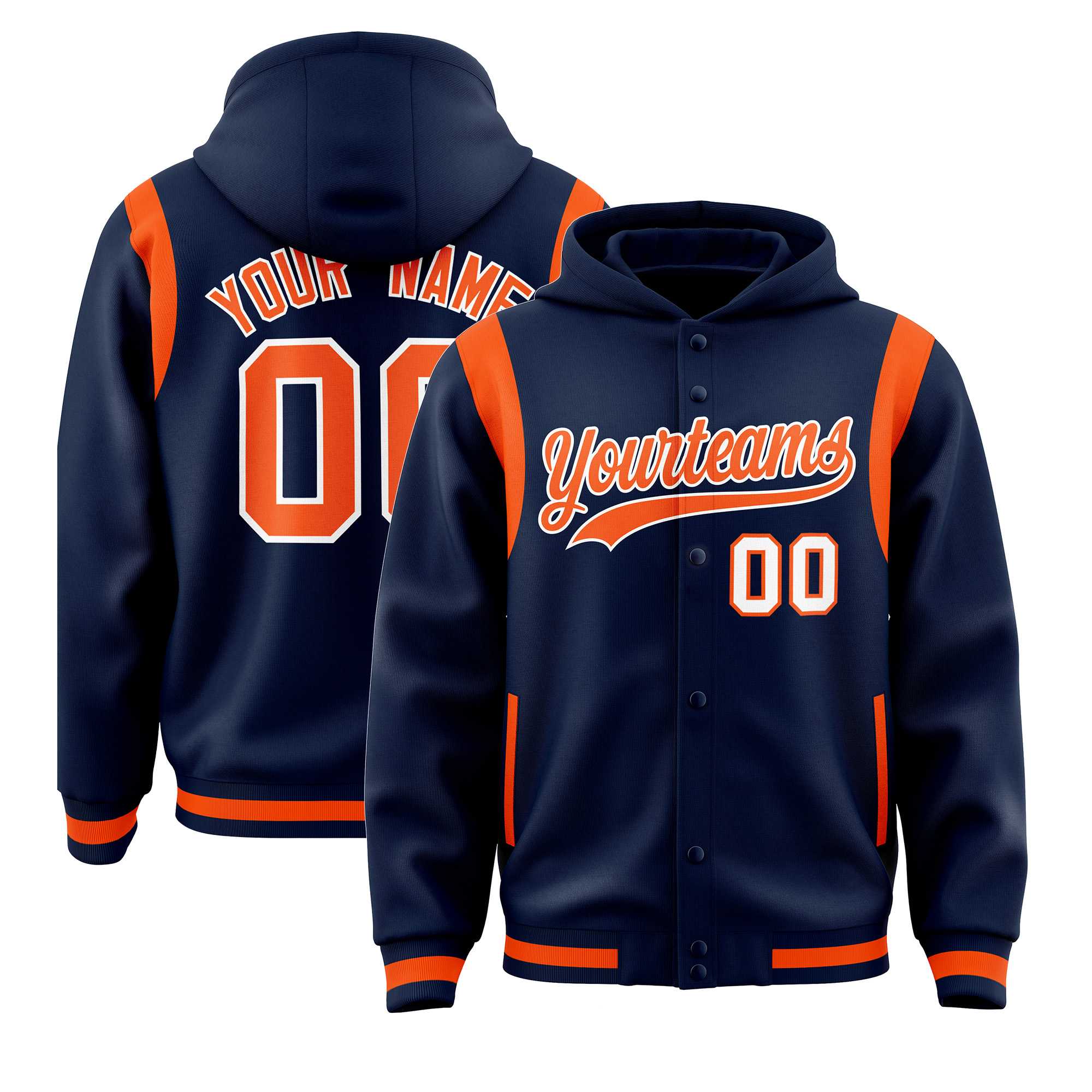 Custom Navy Orange Varsity Full-Snap Letterman Shoulder Color Block Jacket Hoodie| KXKSHOP