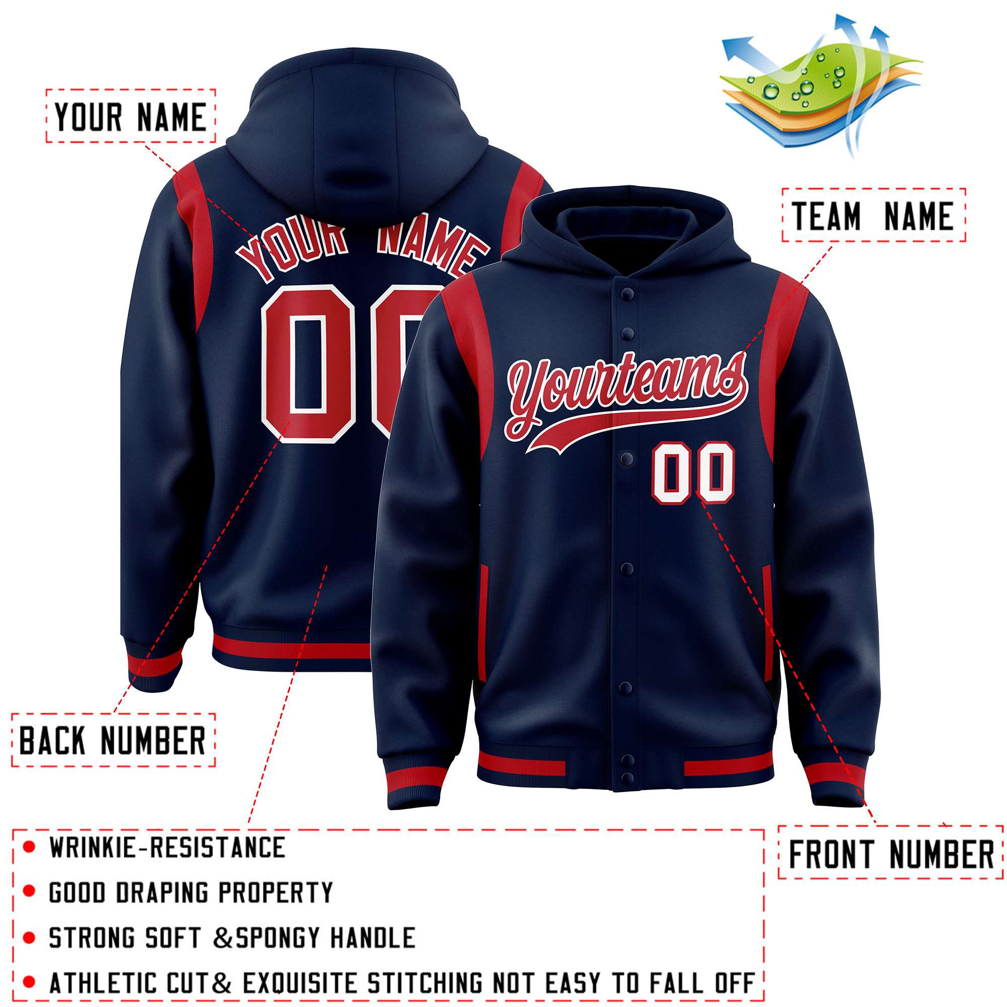 Custom Navy Red Varsity Full-Snap Letterman Shoulder Color Block Jacket Hoodie| KXKSHOP