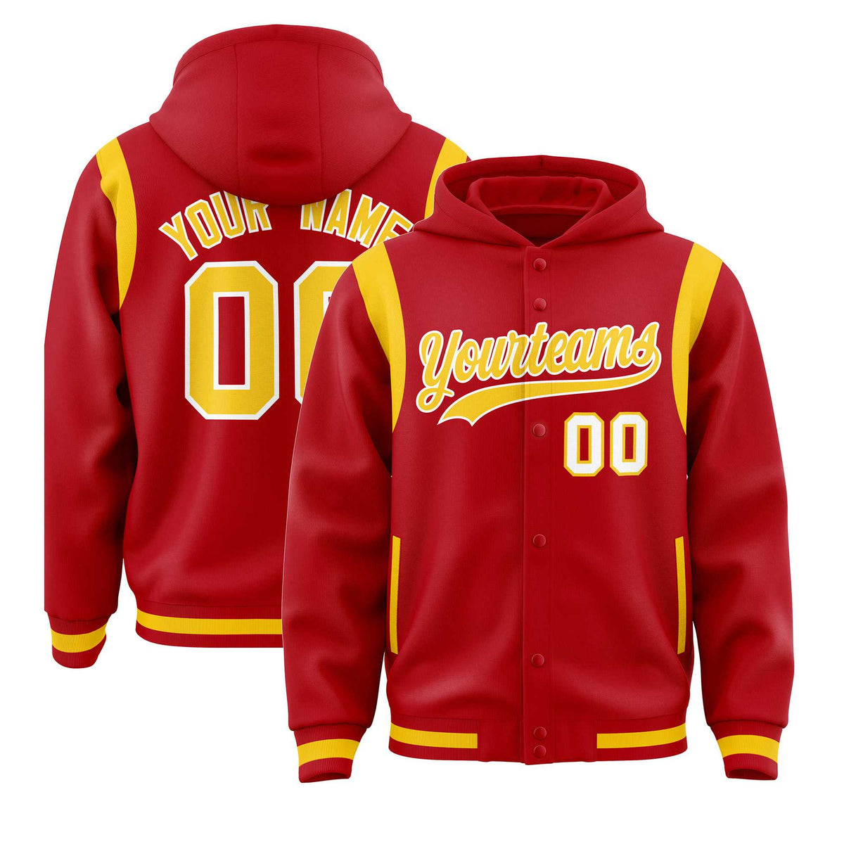 Custom Red Gold Varsity Full-Snap Letterman Shoulder Color Block Jacket Hoodie| KXKSHOP
