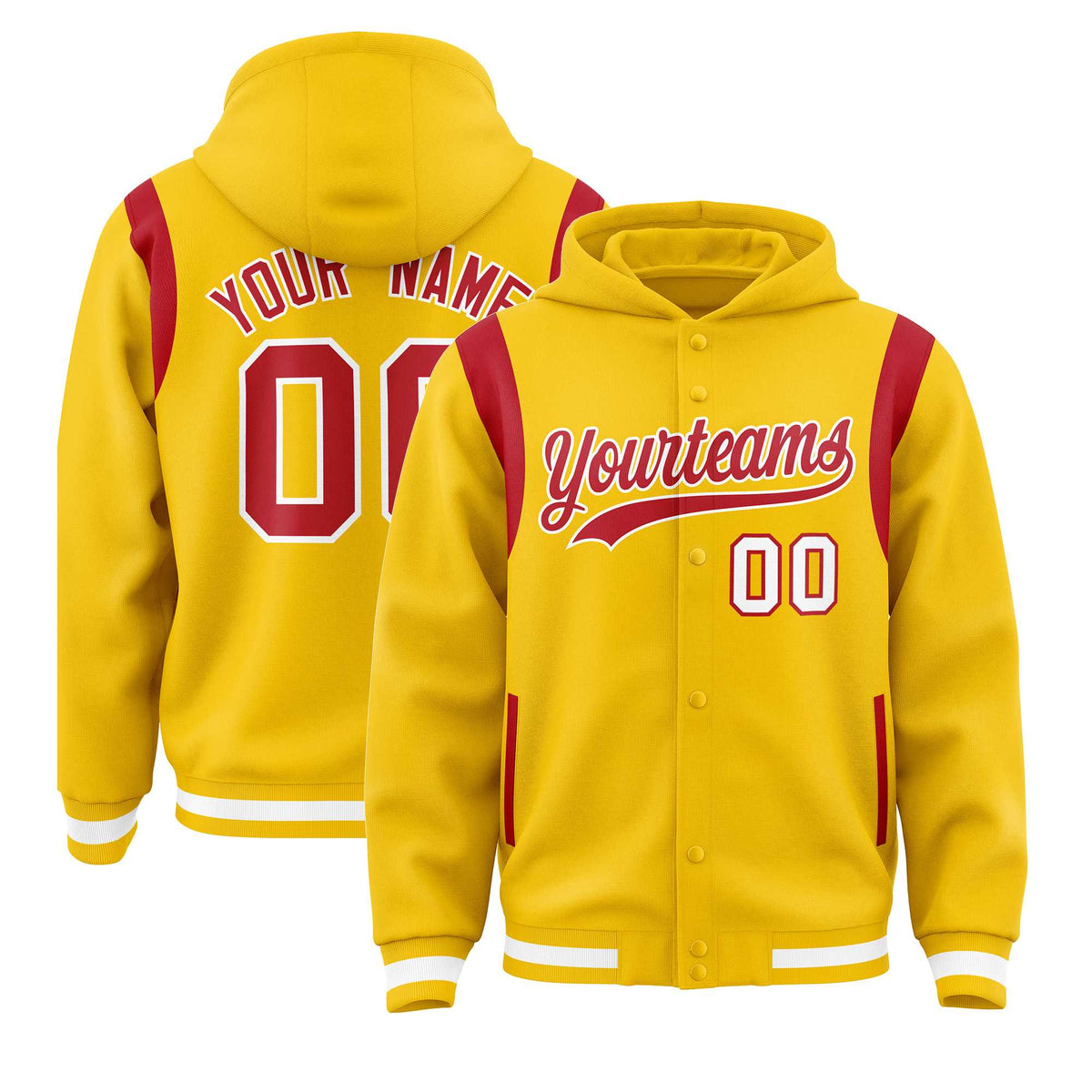 Custom Gold Red Varsity Full-Snap Letterman Shoulder Color Block Jacket Hoodie| KXKSHOP