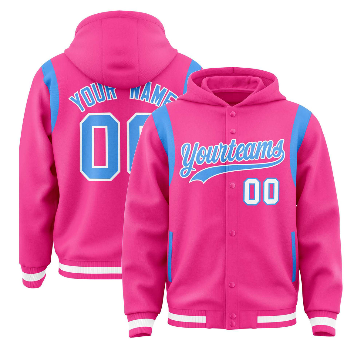 Custom Pink Powder Blue Varsity Full-Snap Letterman Shoulder Color Block Jacket Hoodie| KXKSHOP
