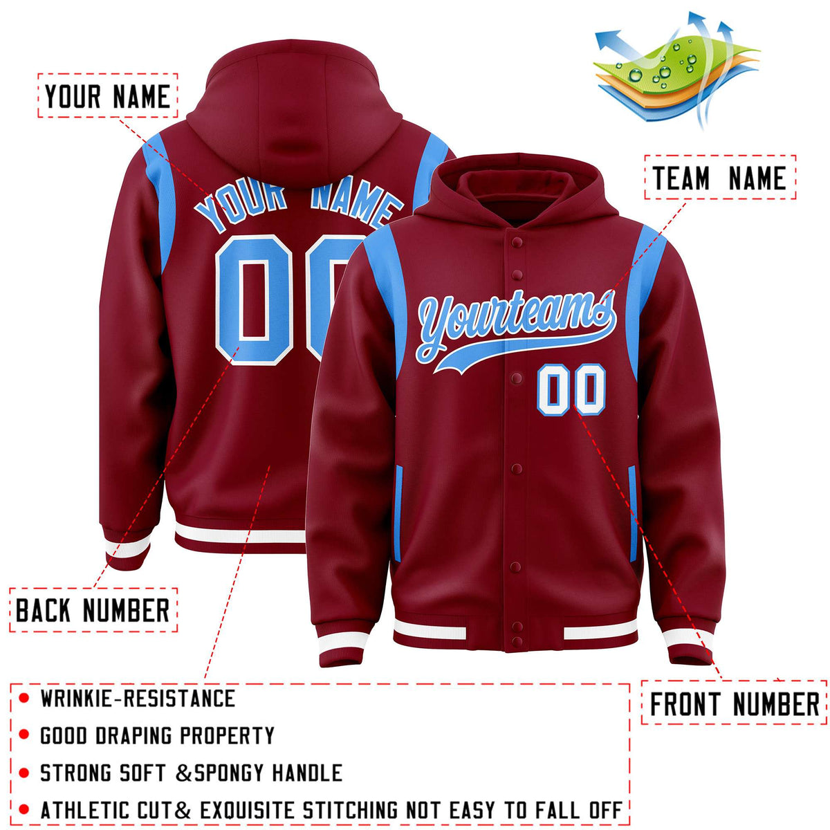Custom Crimson Powder Blue Varsity Full-Snap Letterman Shoulder Color Block Jacket Hoodie| KXKSHOP