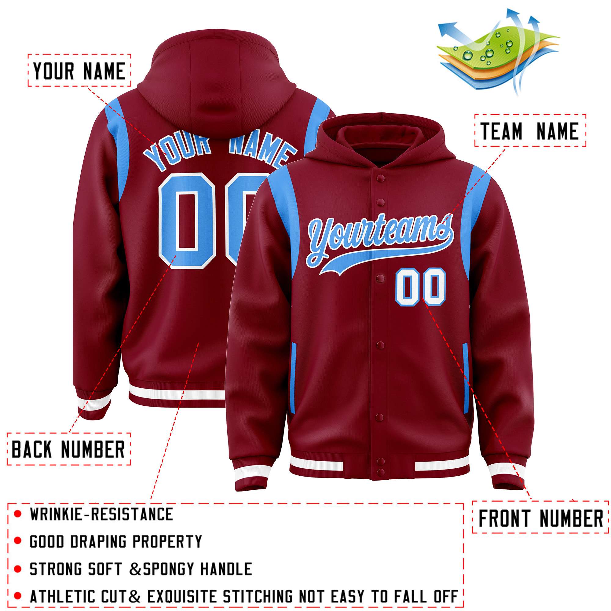 Custom Crimson Powder Blue Varsity Full-Snap Letterman Shoulder Color Block Jacket Hoodie| KXKSHOP