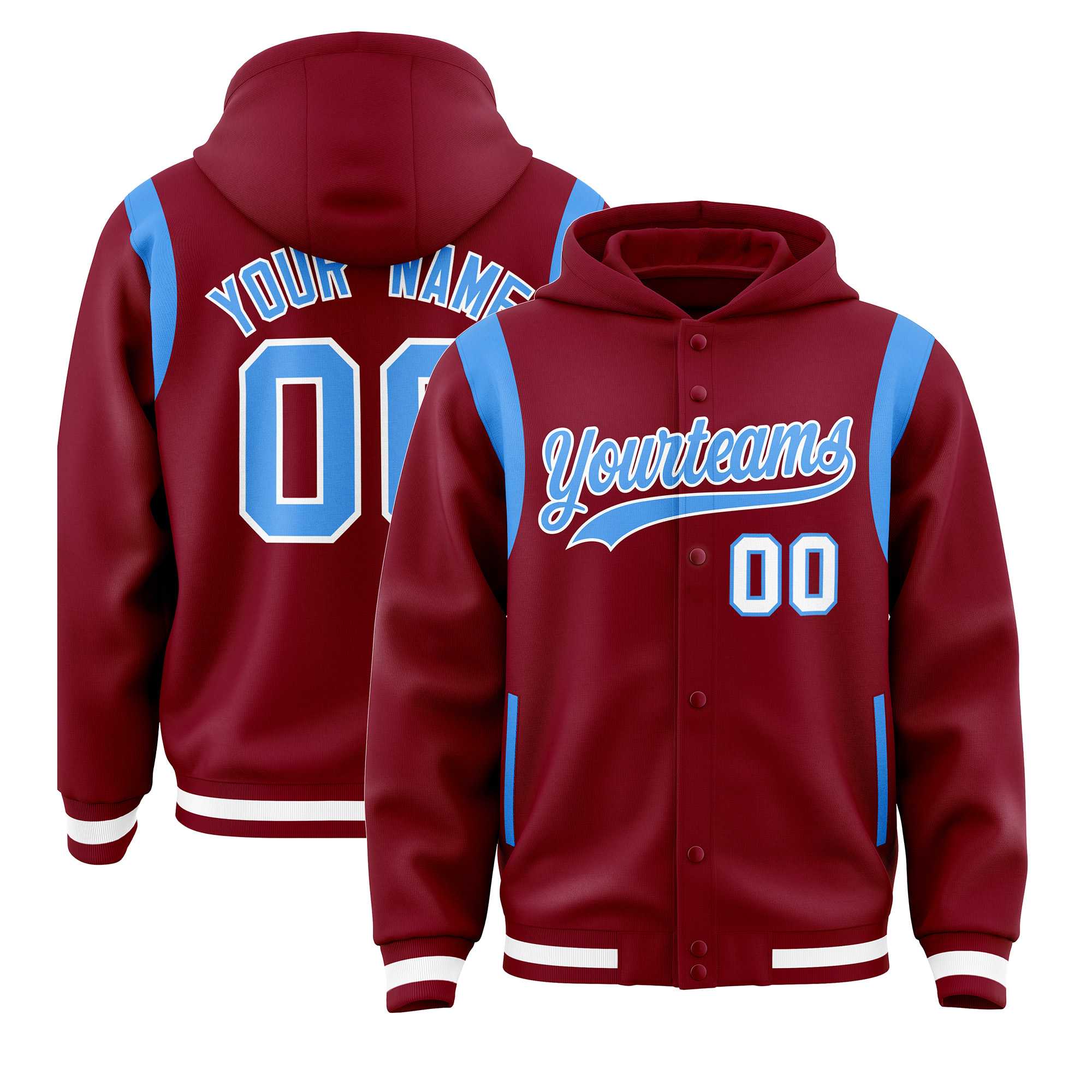 Custom Crimson Powder Blue Varsity Full-Snap Letterman Shoulder Color Block Jacket Hoodie| KXKSHOP