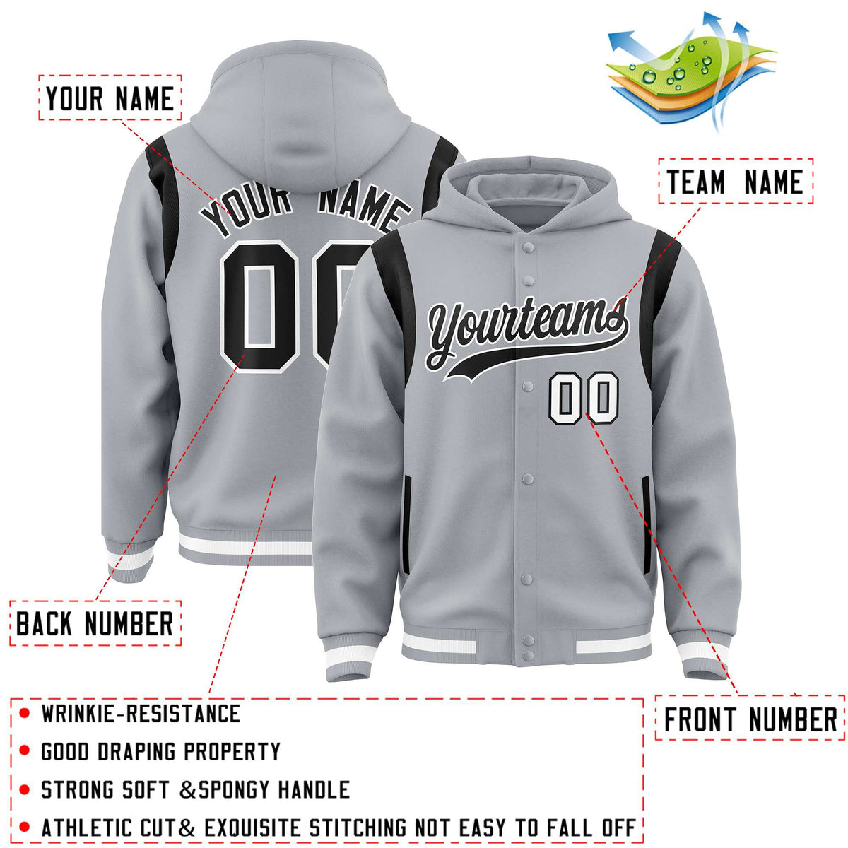 Custom Silver Black Varsity Full-Snap Letterman Shoulder Color Block Jacket Hoodie| KXKSHOP