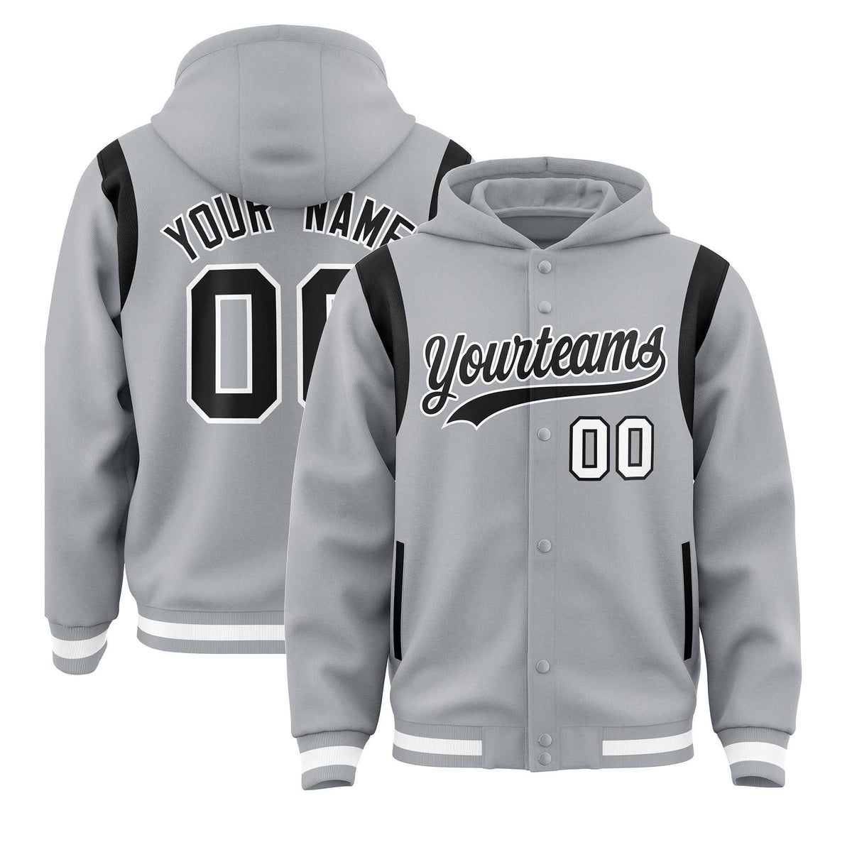 Custom Silver Black Varsity Full-Snap Letterman Shoulder Color Block Jacket Hoodie| KXKSHOP
