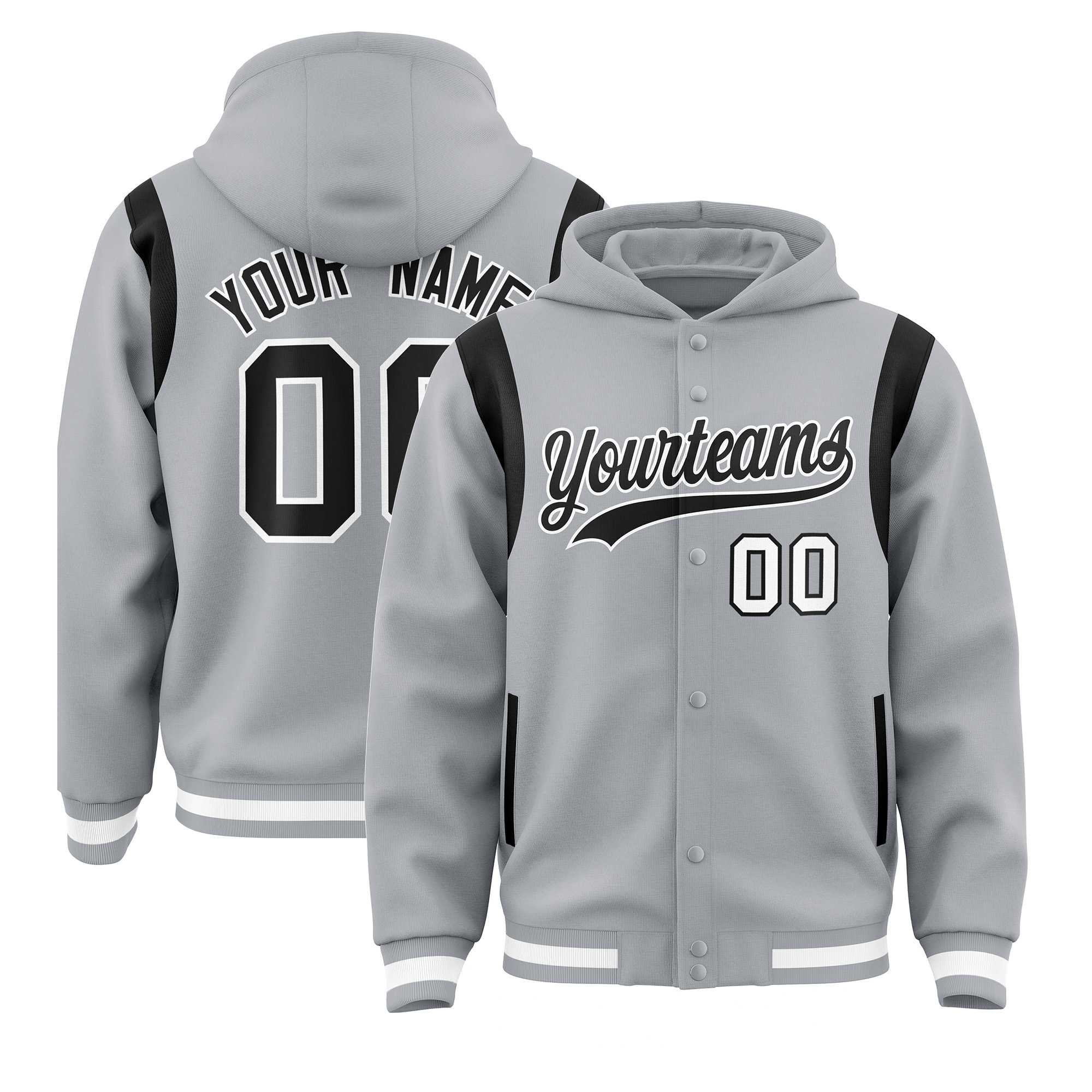 Custom Silver Black Varsity Full-Snap Letterman Shoulder Color Block Jacket Hoodie| KXKSHOP